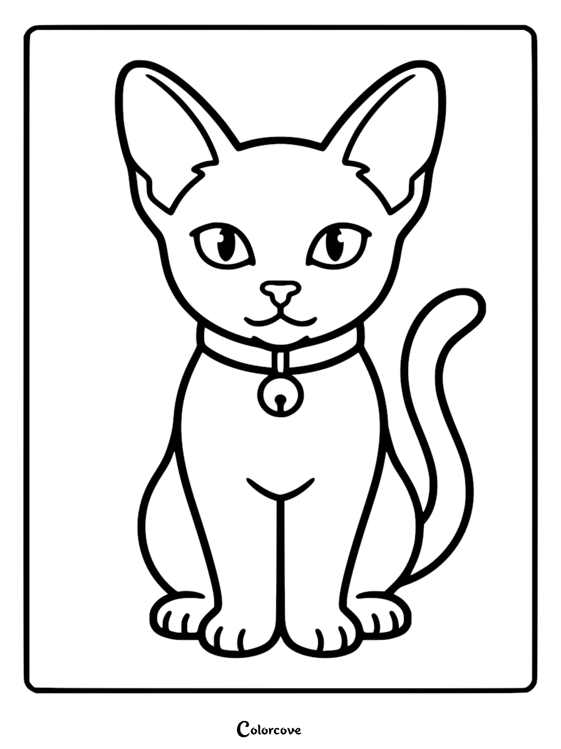 A simple black and white coloring page featuring a seated Abyssinian cat with large pointed ears and a collar with a small bell.