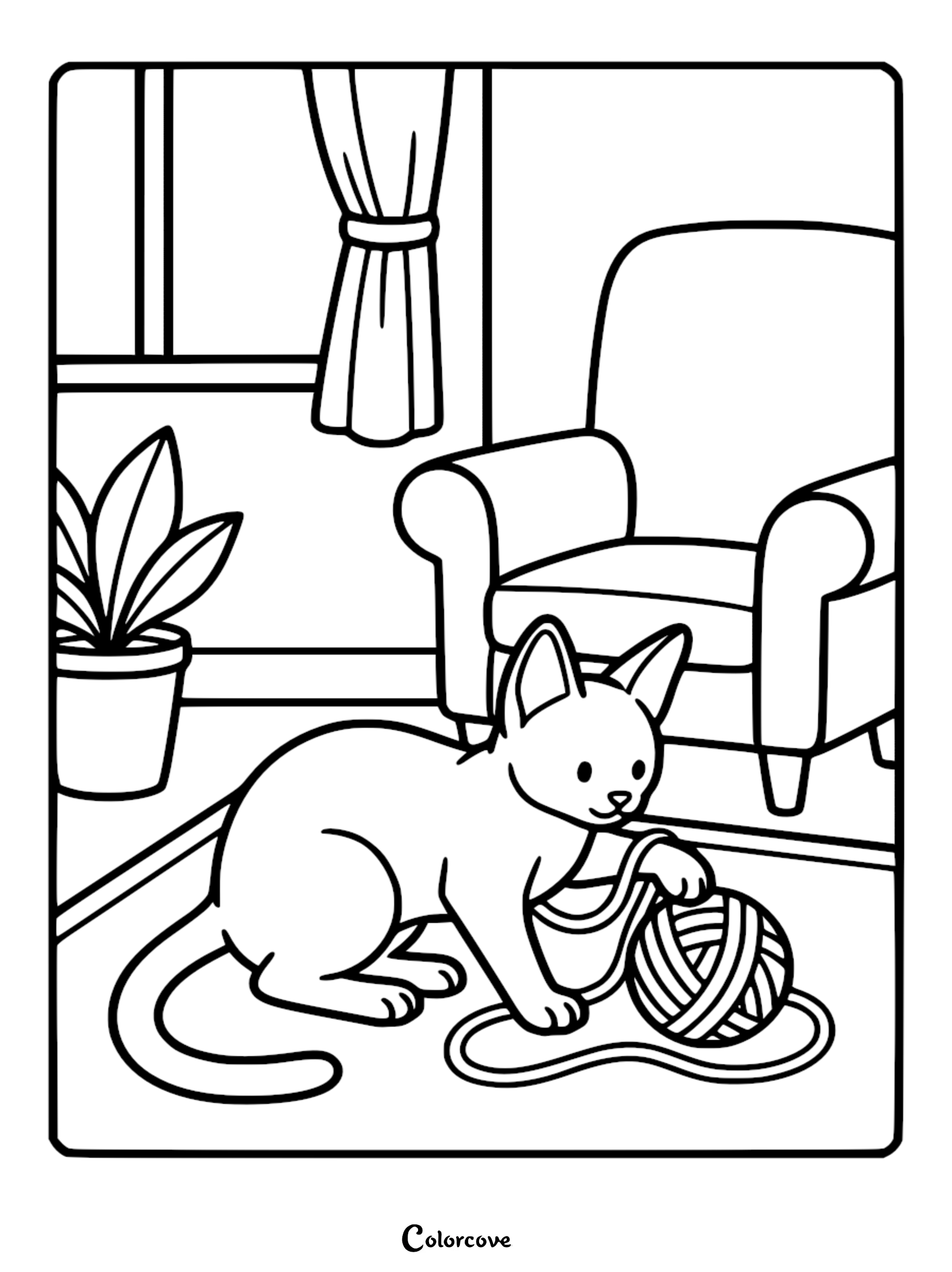 An Abyssinian cat sitting on a rug in a living room playing with a ball of yarn, printable coloring page.