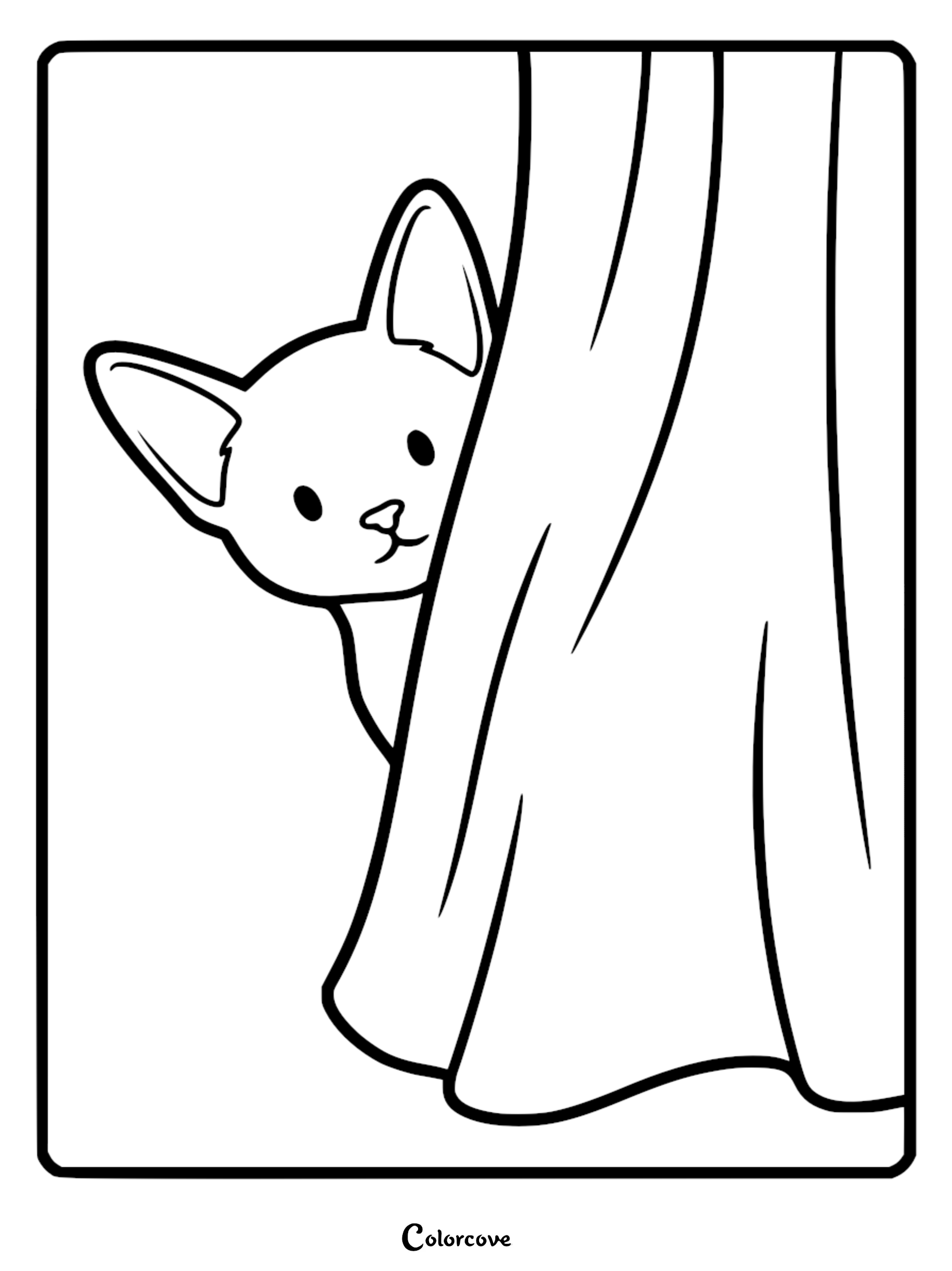 A cute Abyssinian cat with large pointed ears peeking from behind a draped curtain in this printable coloring page.