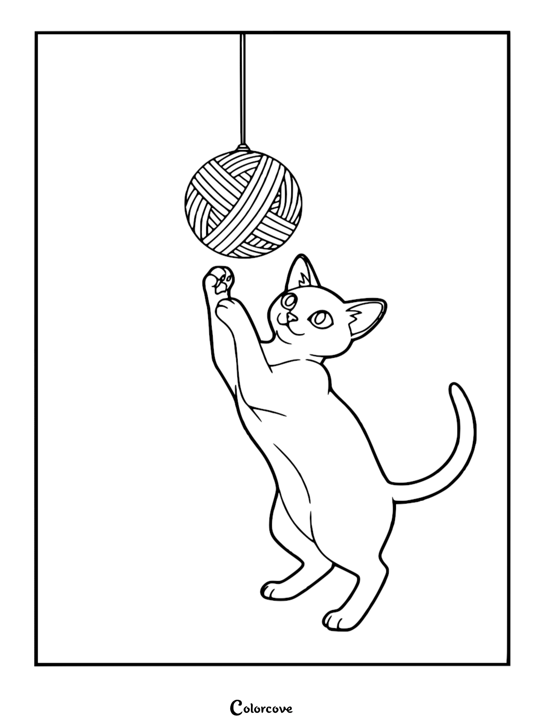 A cute Abyssinian cat standing on hind legs and batting at a hanging ball of yarn in this printable coloring page.