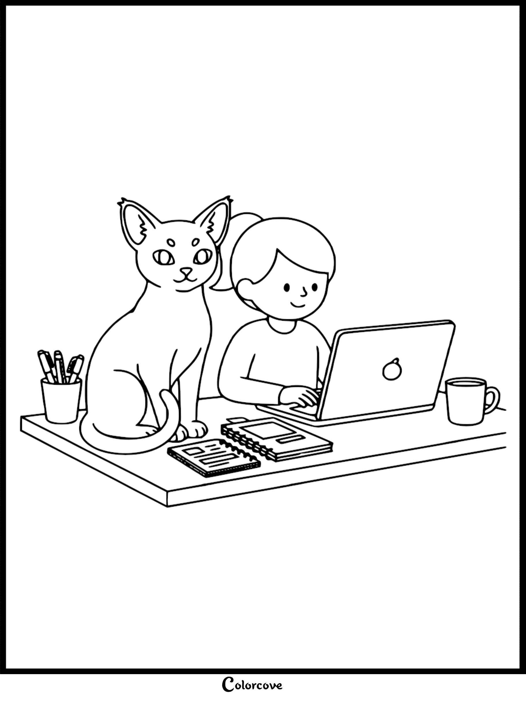 An Abyssinian cat sitting on a desk next to a girl using a laptop, coloring page style line art.