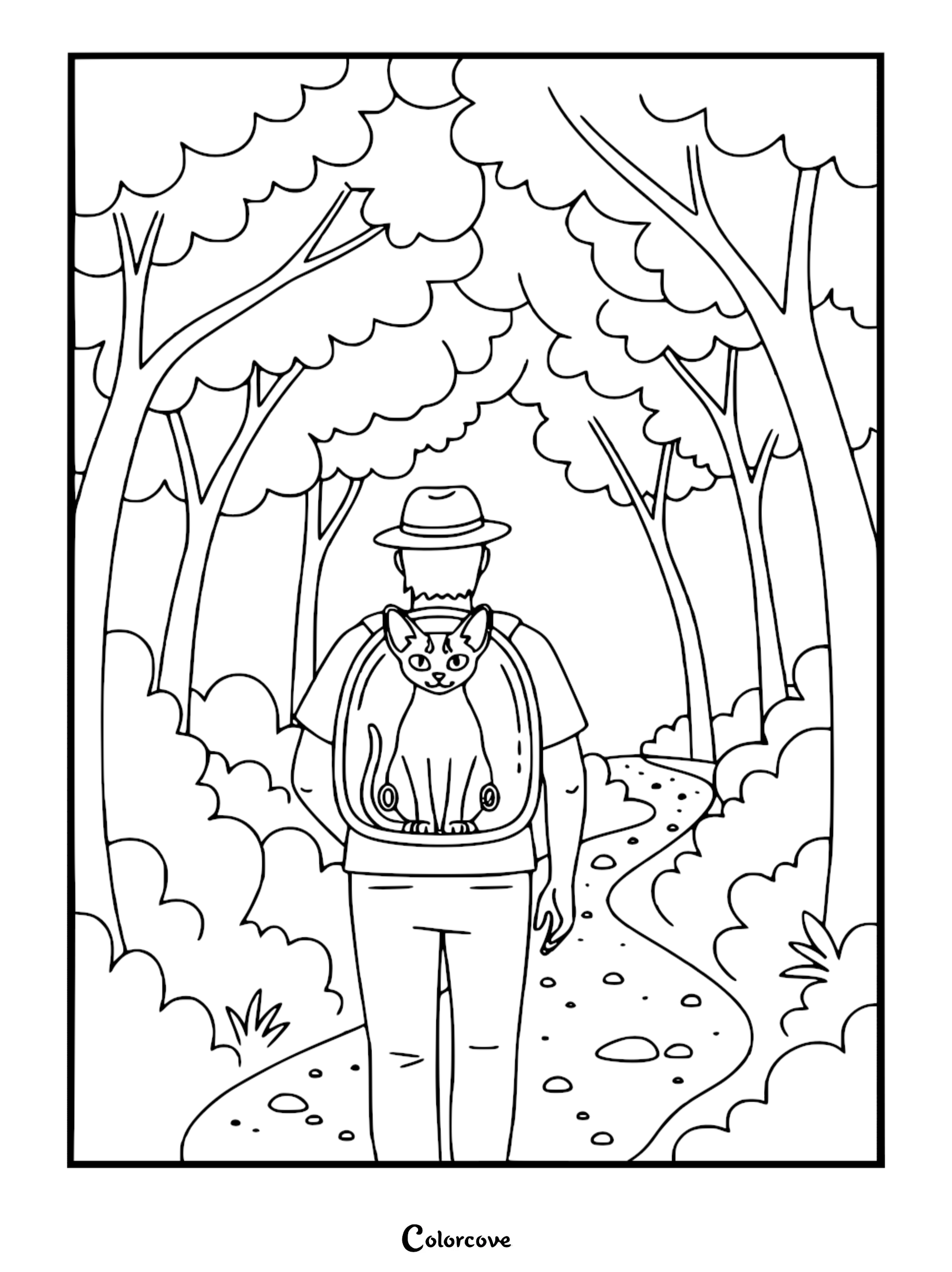 A hiker wearing a hat and backpack with an Abyssinian cat peeking out from a clear bubble window while walking on a forest trail in this printable coloring page.