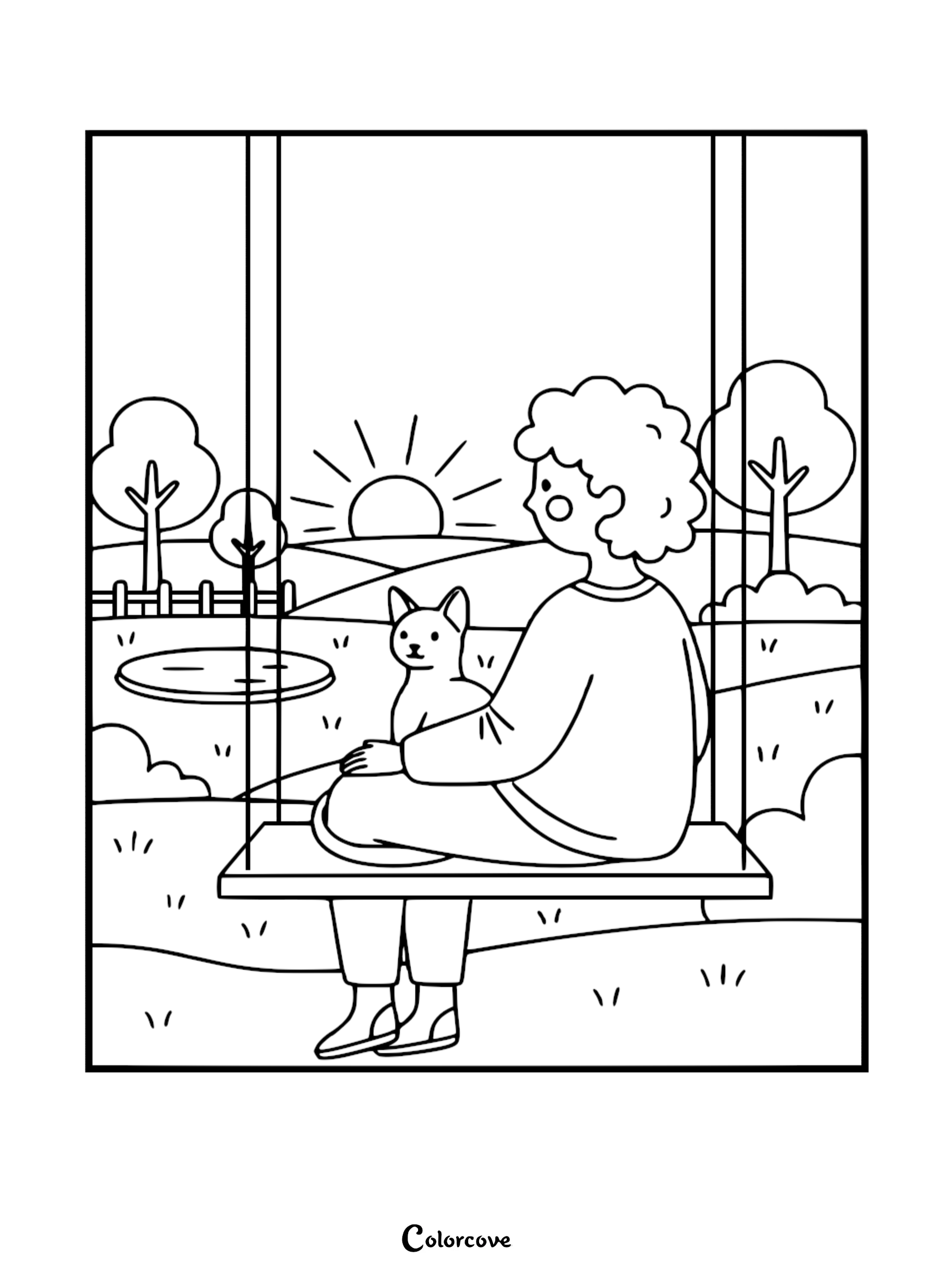 A simple line art coloring page featuring a girl with curly hair sitting on a swing holding an Abyssinian cat, with a sunset landscape in the background.