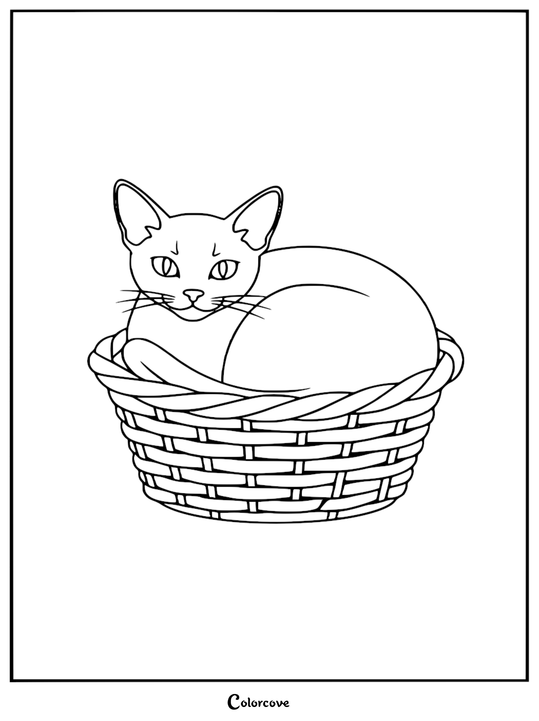 A printable coloring page featuring an Abyssinian cat curled up inside a woven wicker basket.