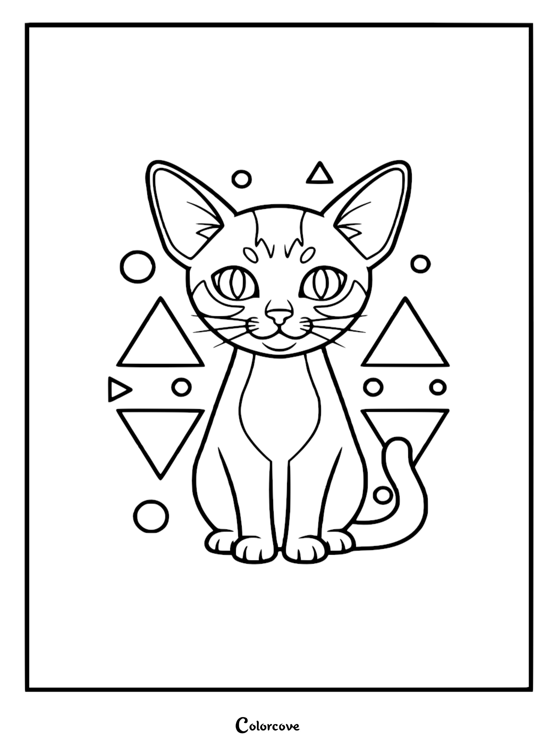 A cute Abyssinian cat sitting centered, surrounded by geometric shapes like circles and triangles in this printable coloring page.