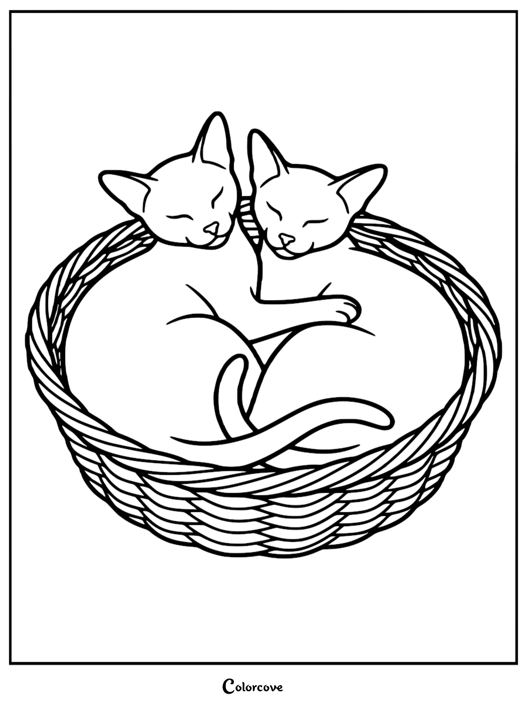 Two Abyssinian cats curled up together inside a woven wicker basket in this printable coloring page.