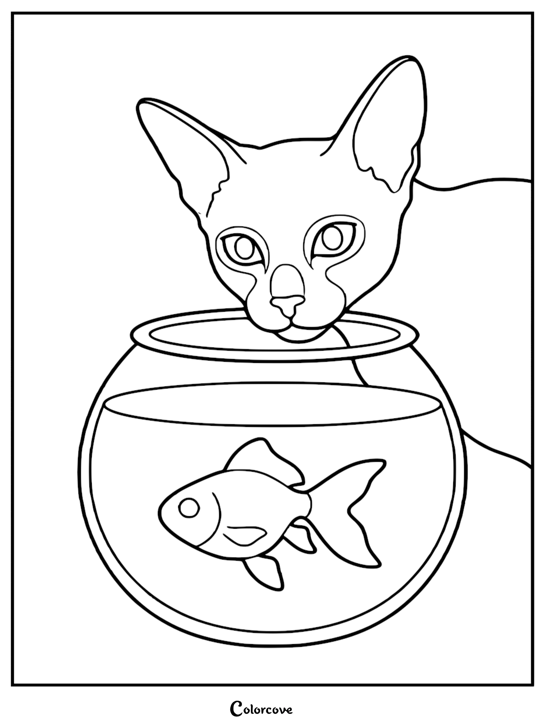 An Abyssinian cat with large ears peering curiously into a round glass fishbowl containing a goldfish in this printable coloring page.