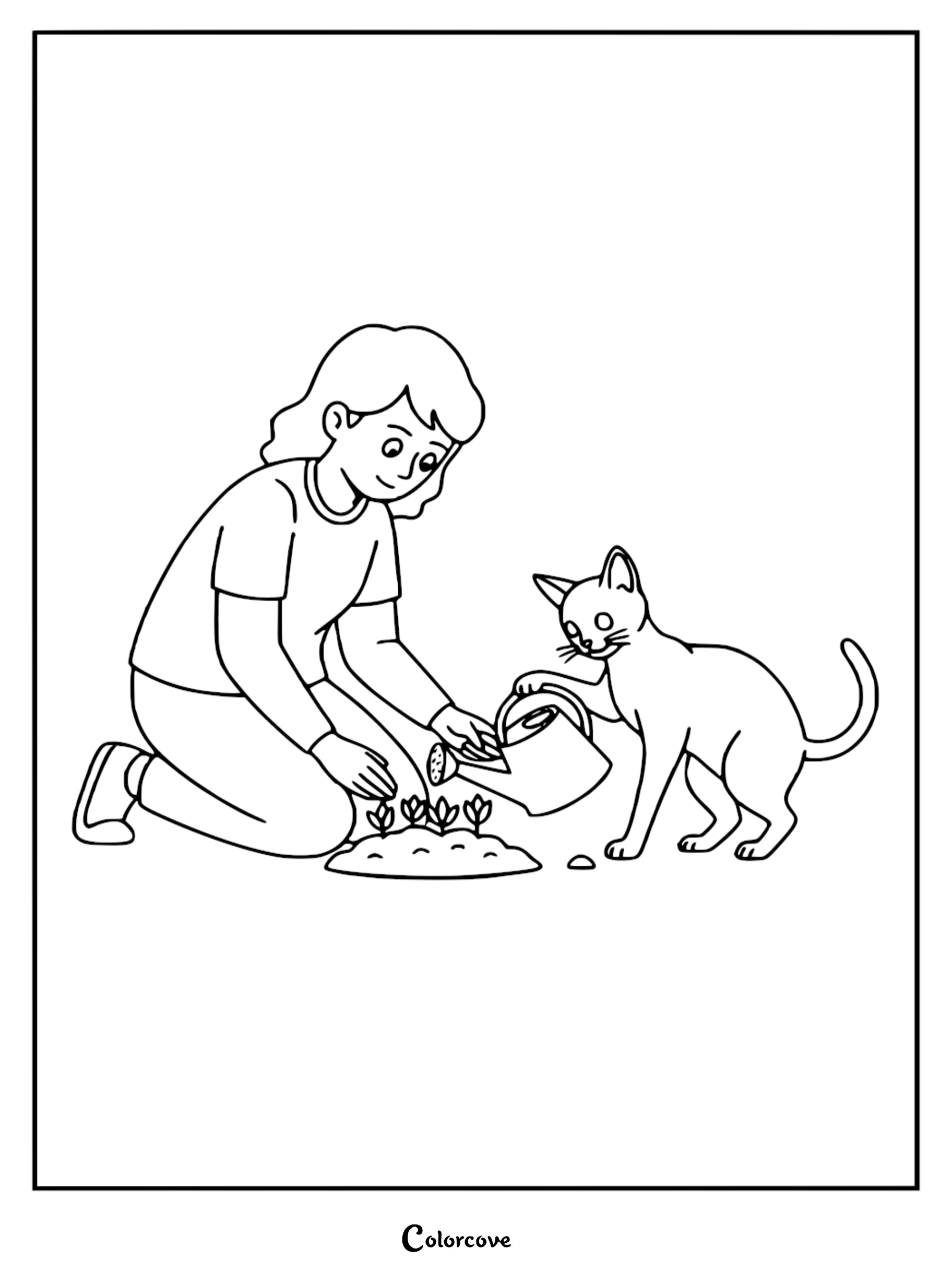 A girl and an Abyssinian cat using a watering can on a small garden patch in this printable coloring page.