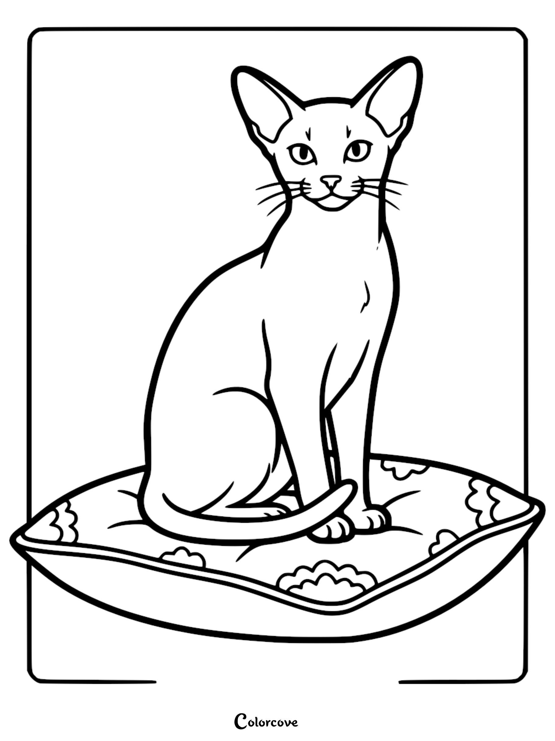 A printable coloring page featuring an elegant Abyssinian cat with large pointed ears sitting upright on a decorative tufted cushion.