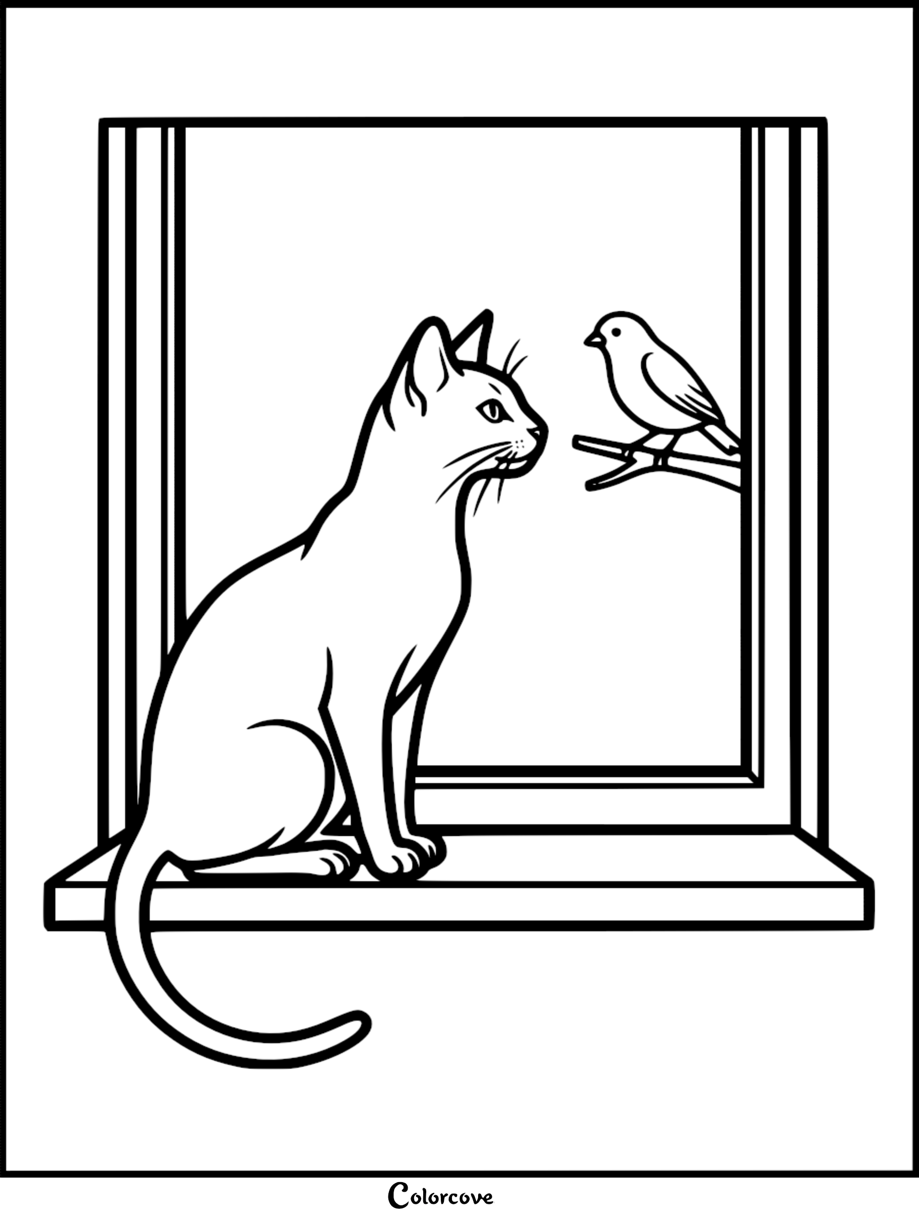 An Abyssinian cat sitting on a windowsill looking at a small bird perched on a branch in this printable coloring page.