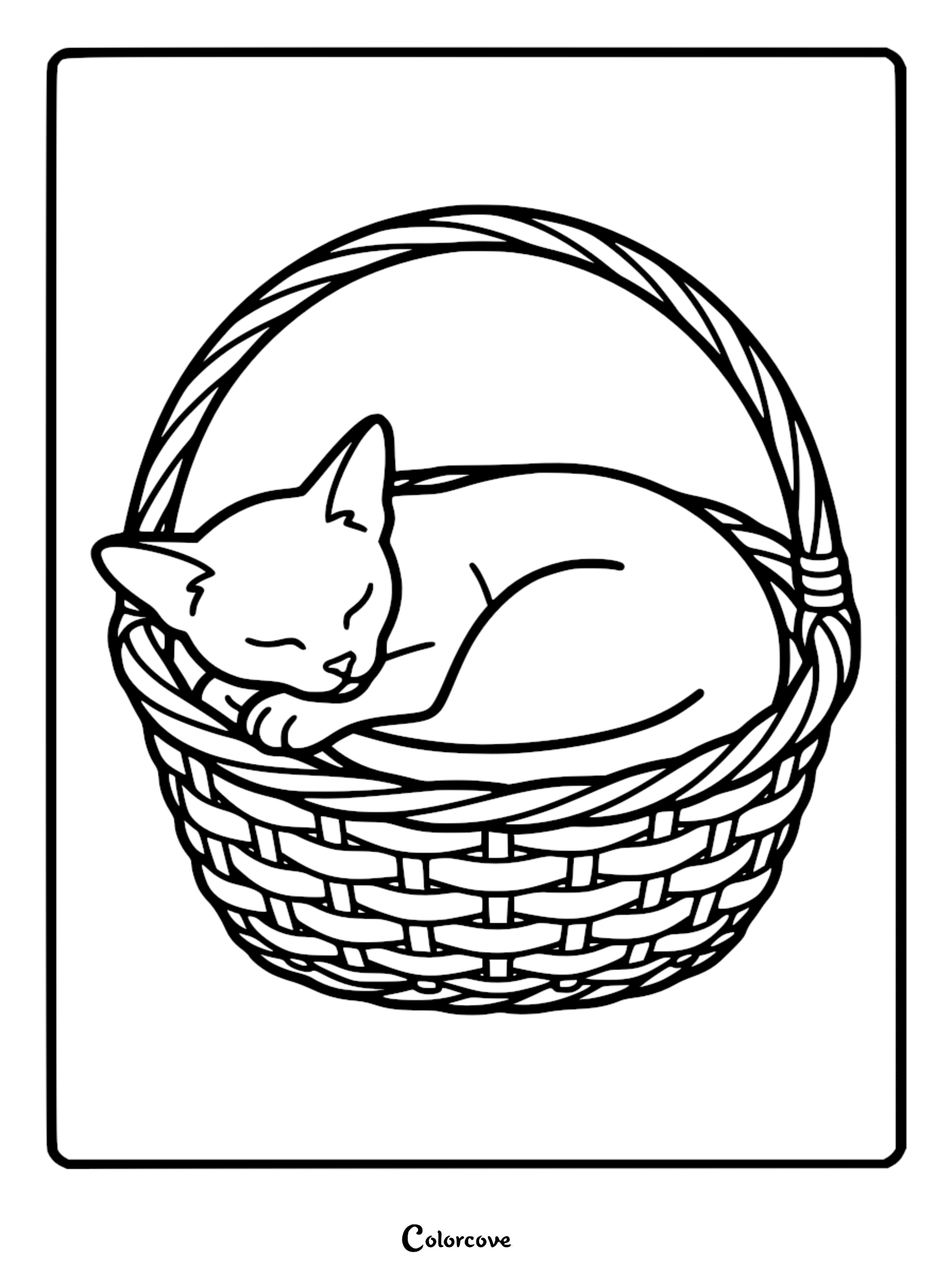 A simple line art coloring page featuring a peaceful Abyssinian cat curled up and sleeping inside a woven wicker basket with a handle.