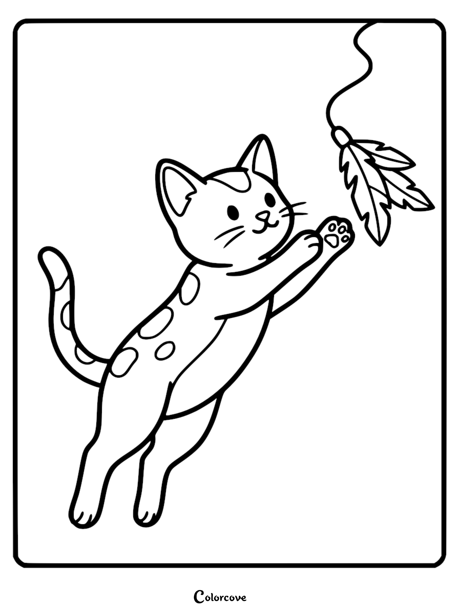 A cute spotted Abyssinian cat jumping to bat at a dangling feather toy in this printable coloring page.