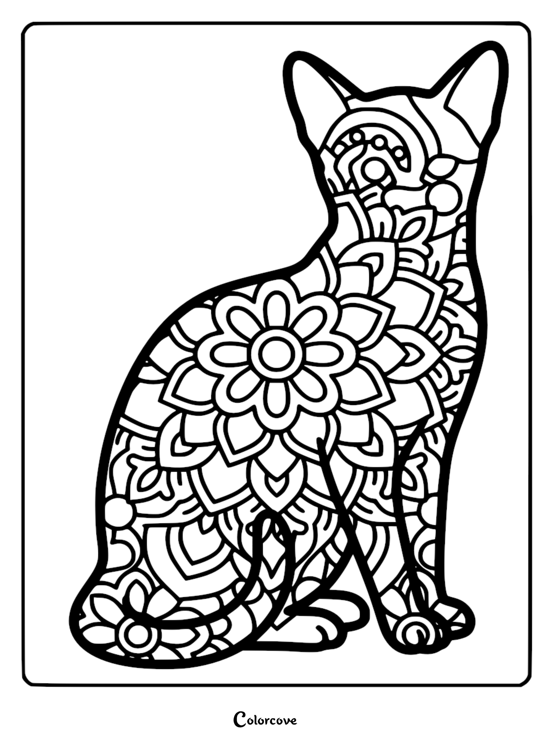 A black and white coloring page featuring an Abyssinian cat silhouette filled with intricate floral mandala patterns and geometric shapes.