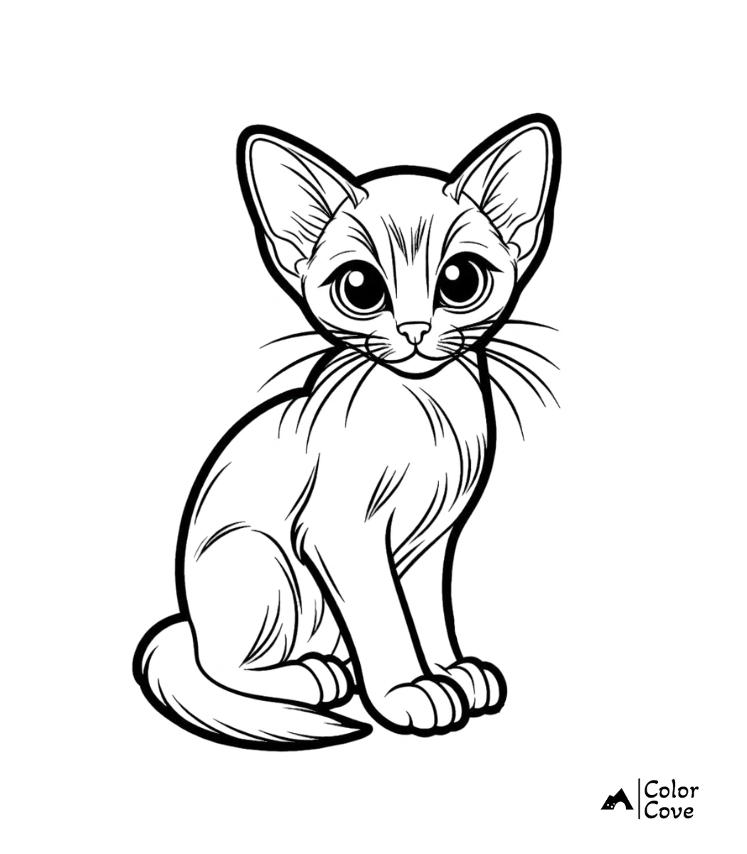 A cute Abyssinian cat with large eyes and pointed ears sitting in a simple line art coloring page style.