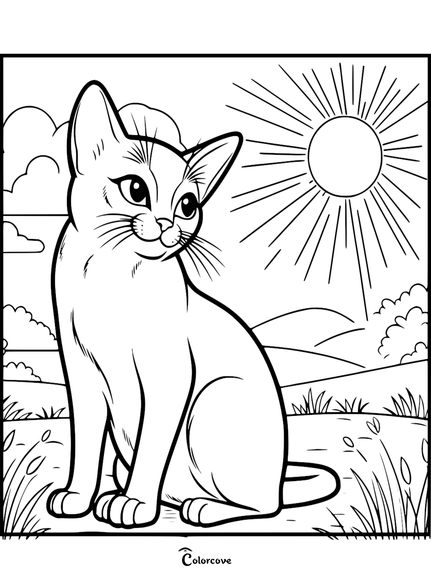A cute Abyssinian cat sitting in a grassy field under a bright sun, line art coloring page for kids.