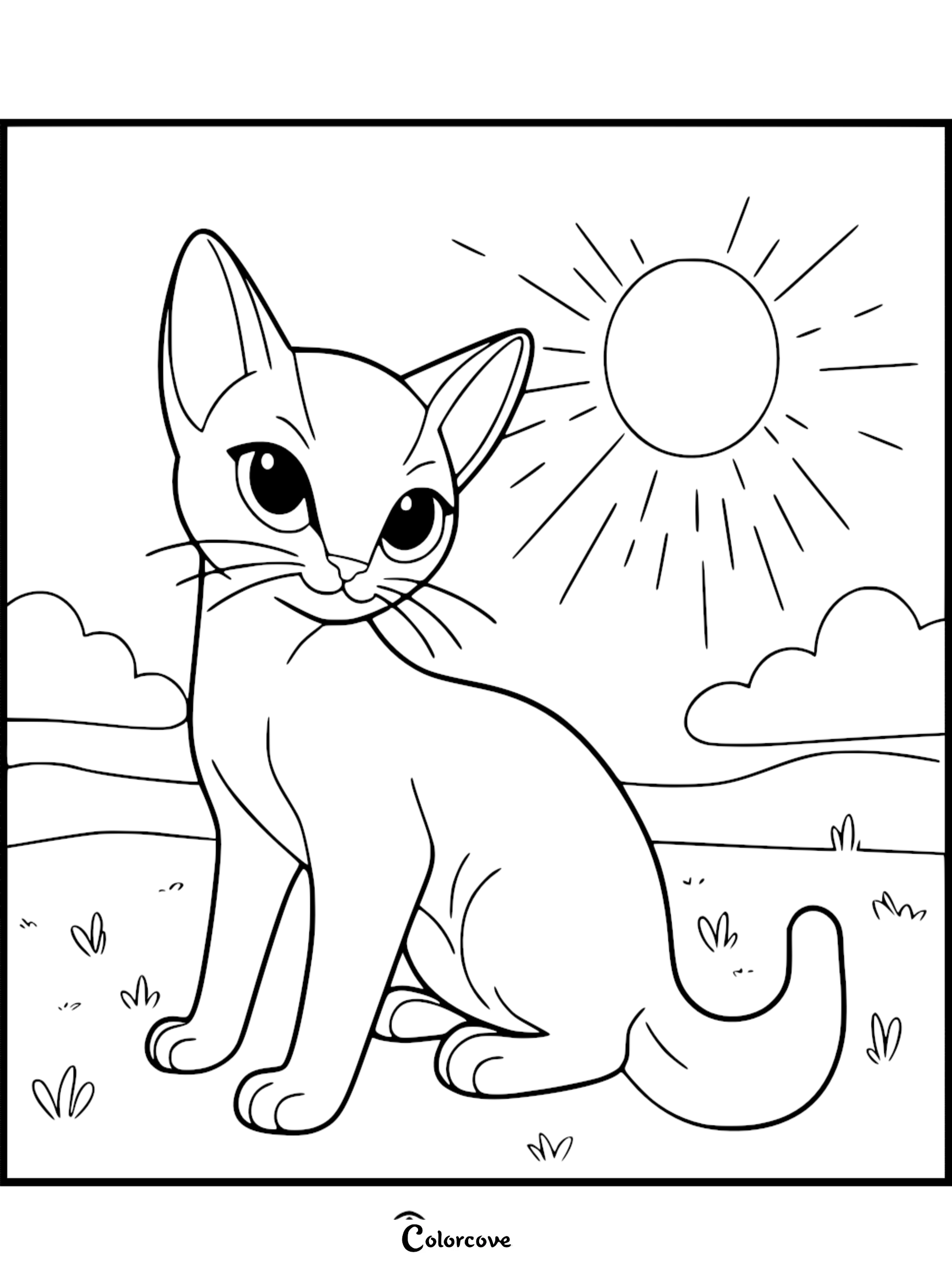 A cute Abyssinian cat with large eyes sitting in a grassy field under a bright sun, printable coloring page.