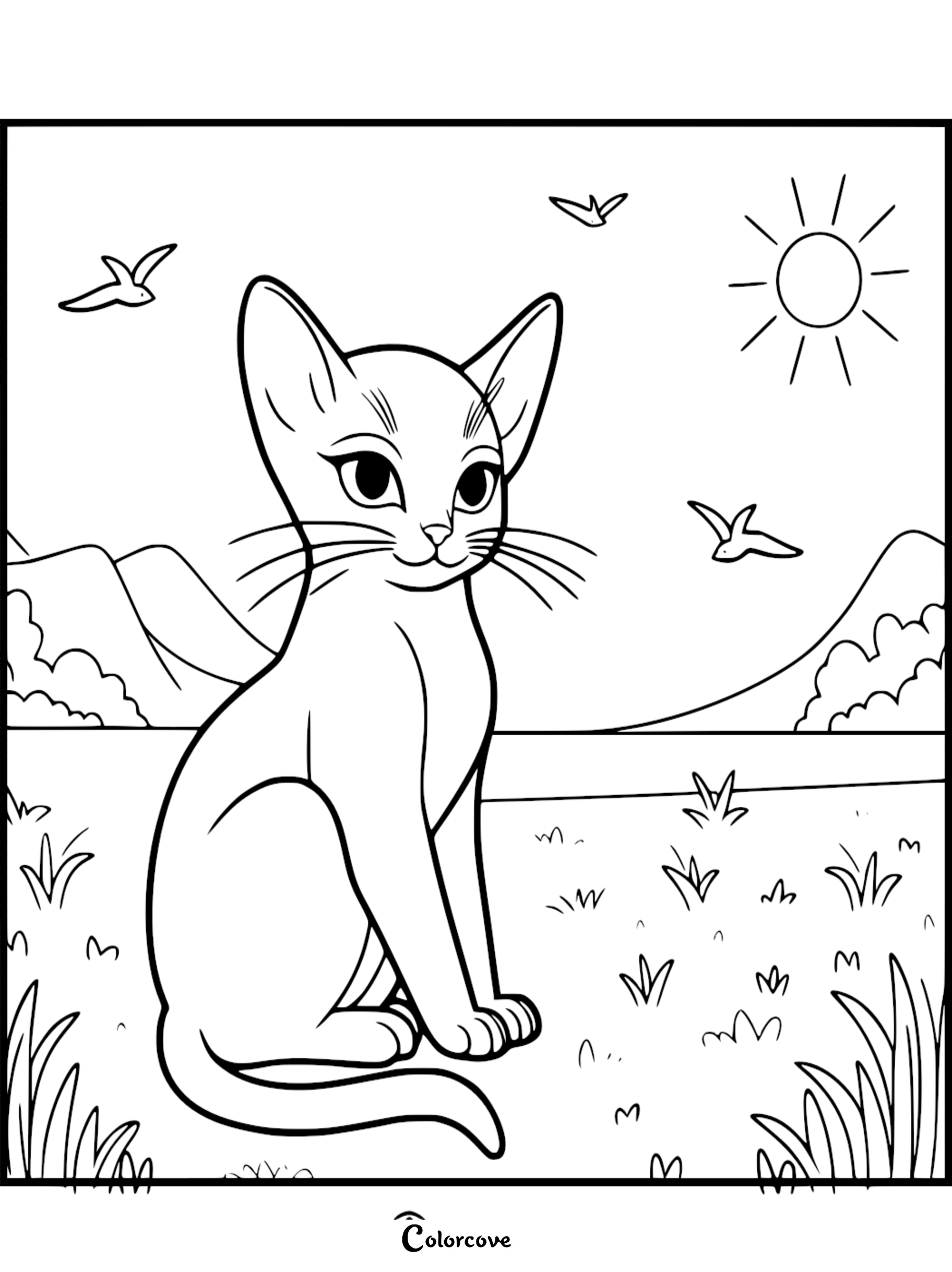 A cute Abyssinian cat sitting in a grassy meadow with mountains and birds in the background, printable coloring page.