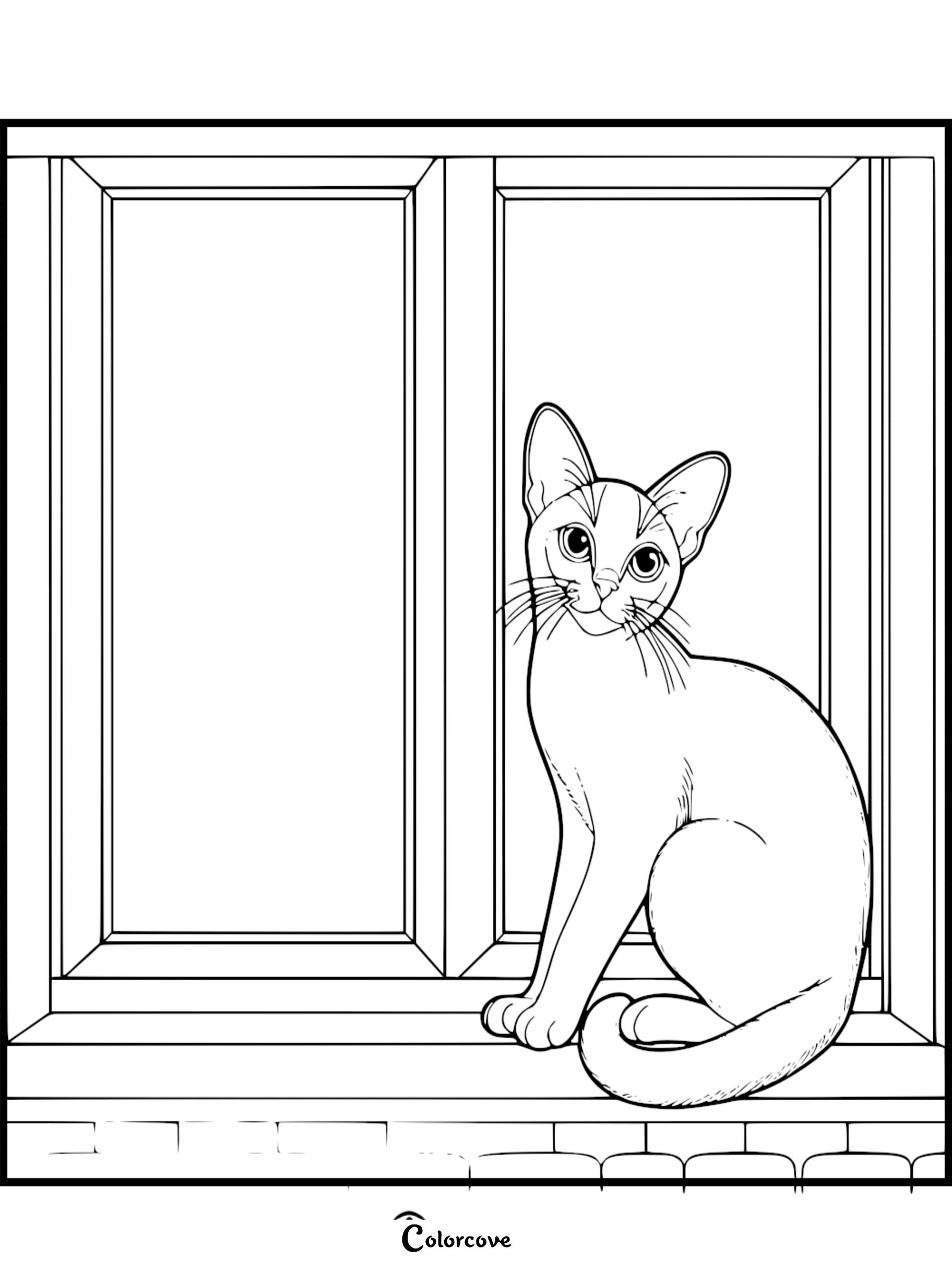 An Abyssinian cat with large ears sitting on a windowsill in this printable coloring page.
