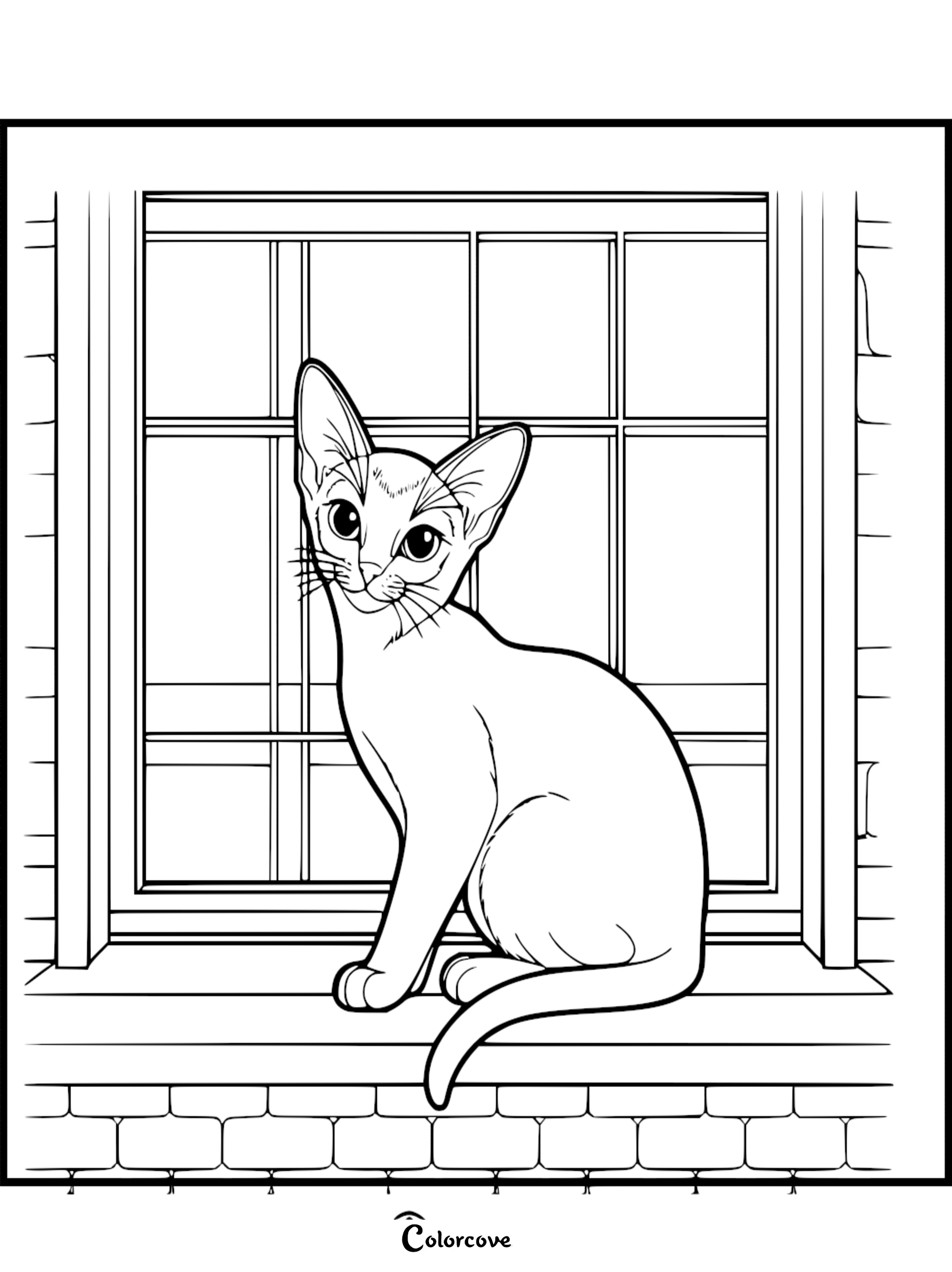 A line art coloring page of an Abyssinian cat with large ears sitting on a windowsill in front of a grid-pane window.