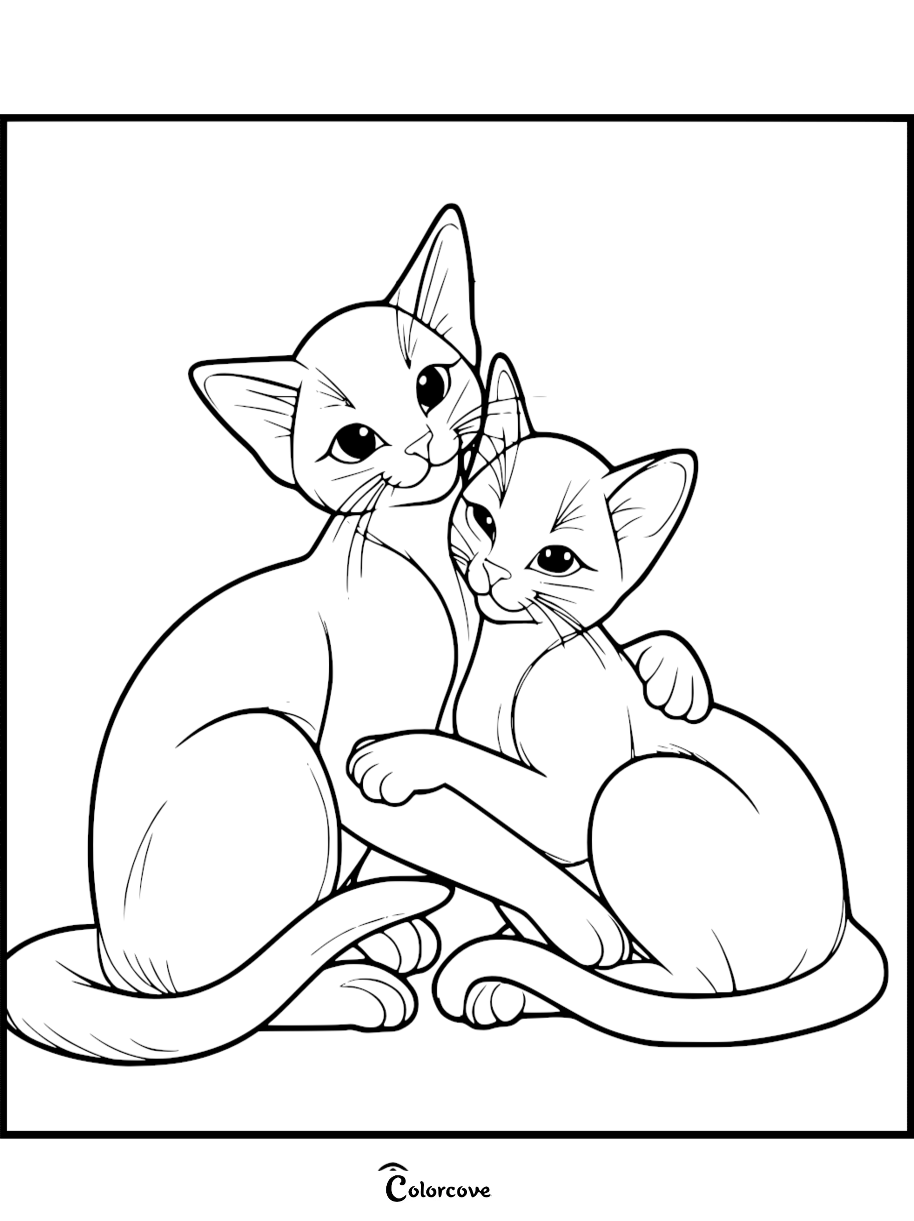 A cute coloring page featuring two Abyssinian cats sitting together and embracing with their paws.