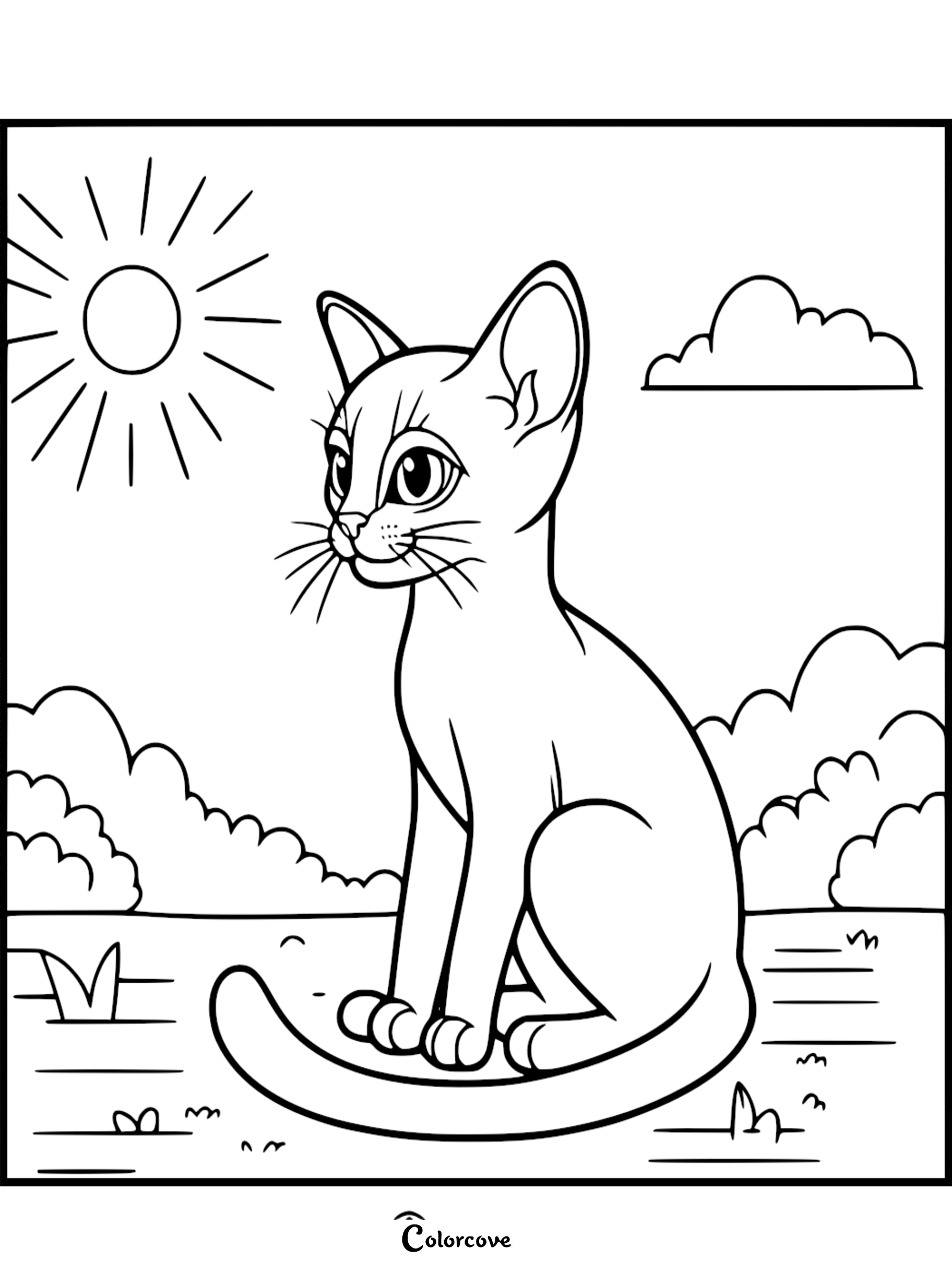 A cute Abyssinian cat sitting in a sunny meadow with clouds, line art coloring page.