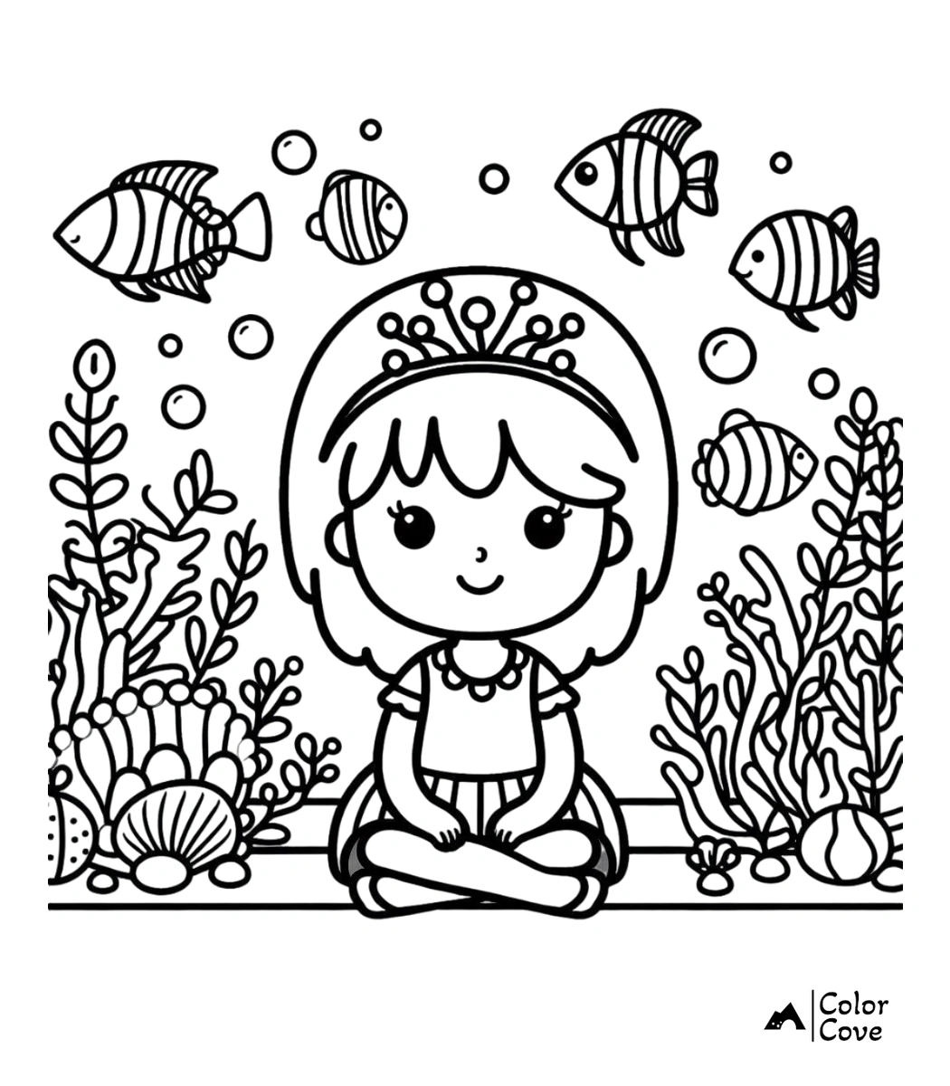 A cute cartoon princess with a tiara sitting cross-legged in an underwater aquarium, surrounded by tropical fish, bubbles, and seaweed in this printable coloring page.