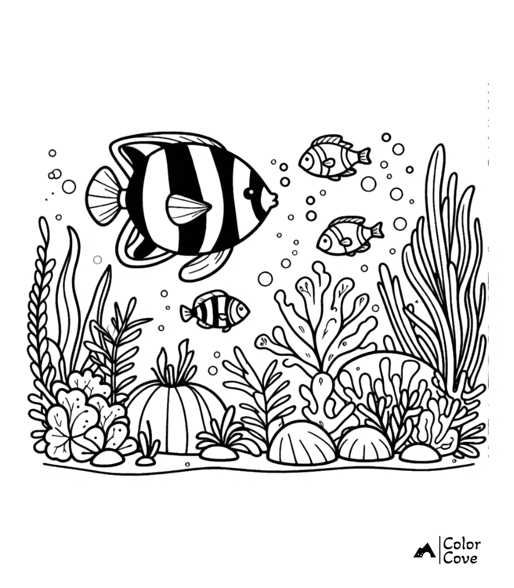 A printable free aquarium coloring page featuring a large striped angelfish swimming among three smaller clownfish, coral, and seaweed.