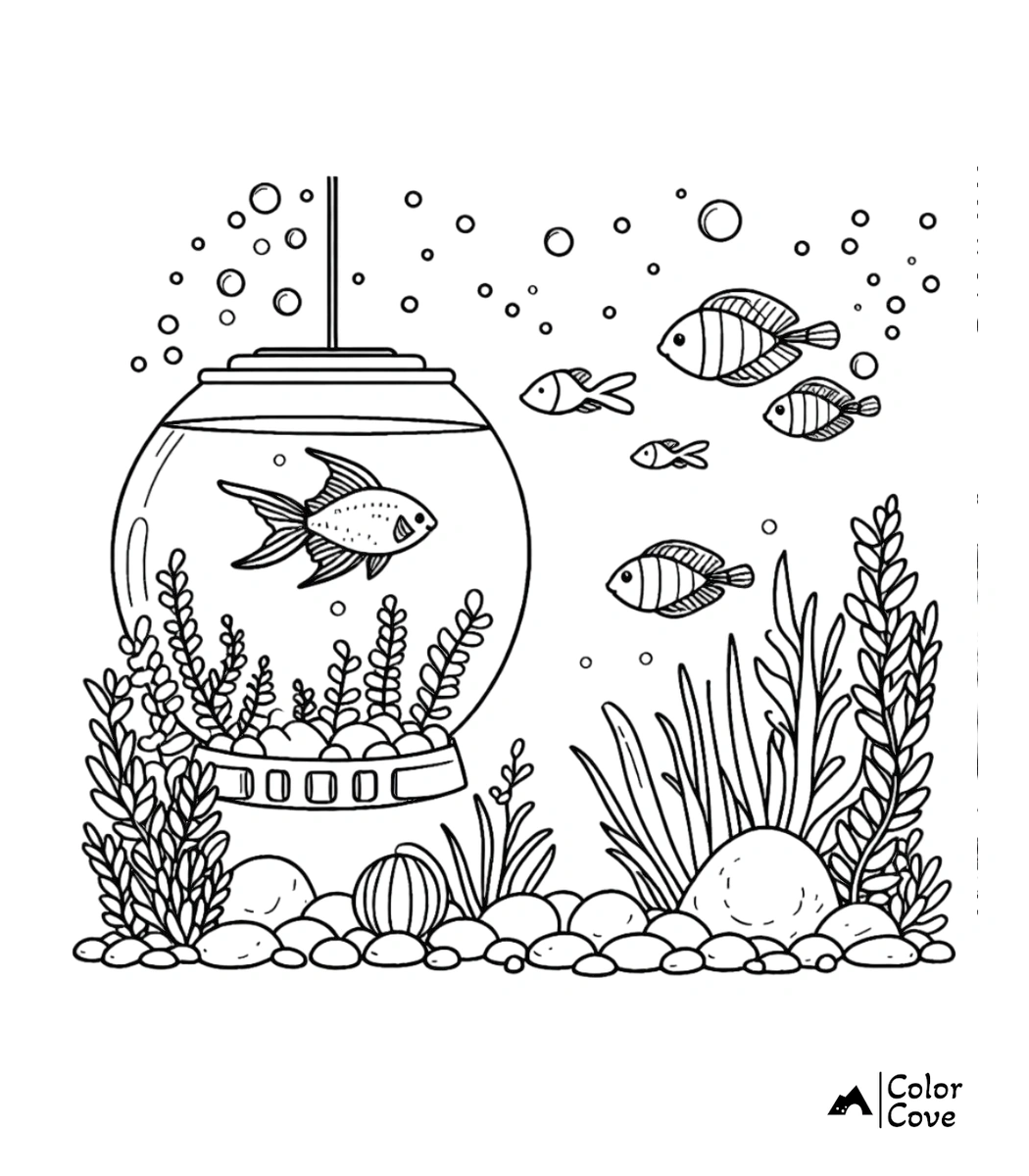 A printable coloring page featuring a hanging round fish bowl with one fish inside, surrounded by four small swimming fish, underwater plants, pebbles, and bubbles.