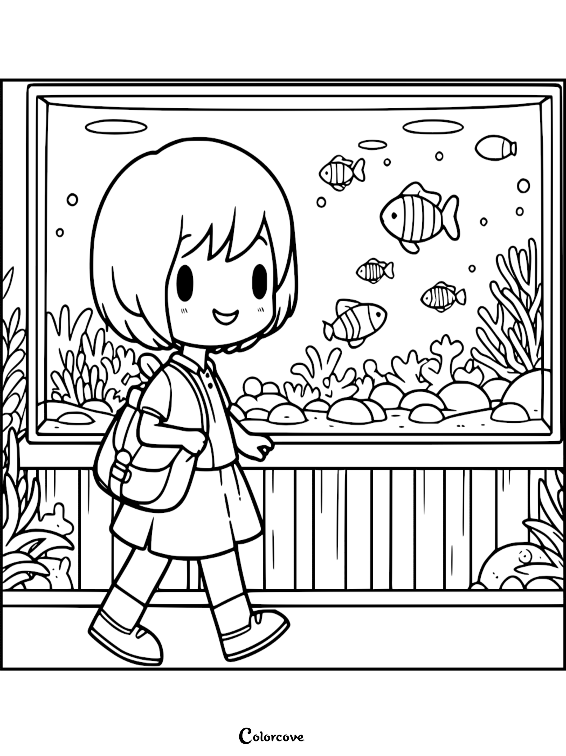 A smiling bob-haired girl with a backpack walking past a large fish tank as a free printable coloring page.
