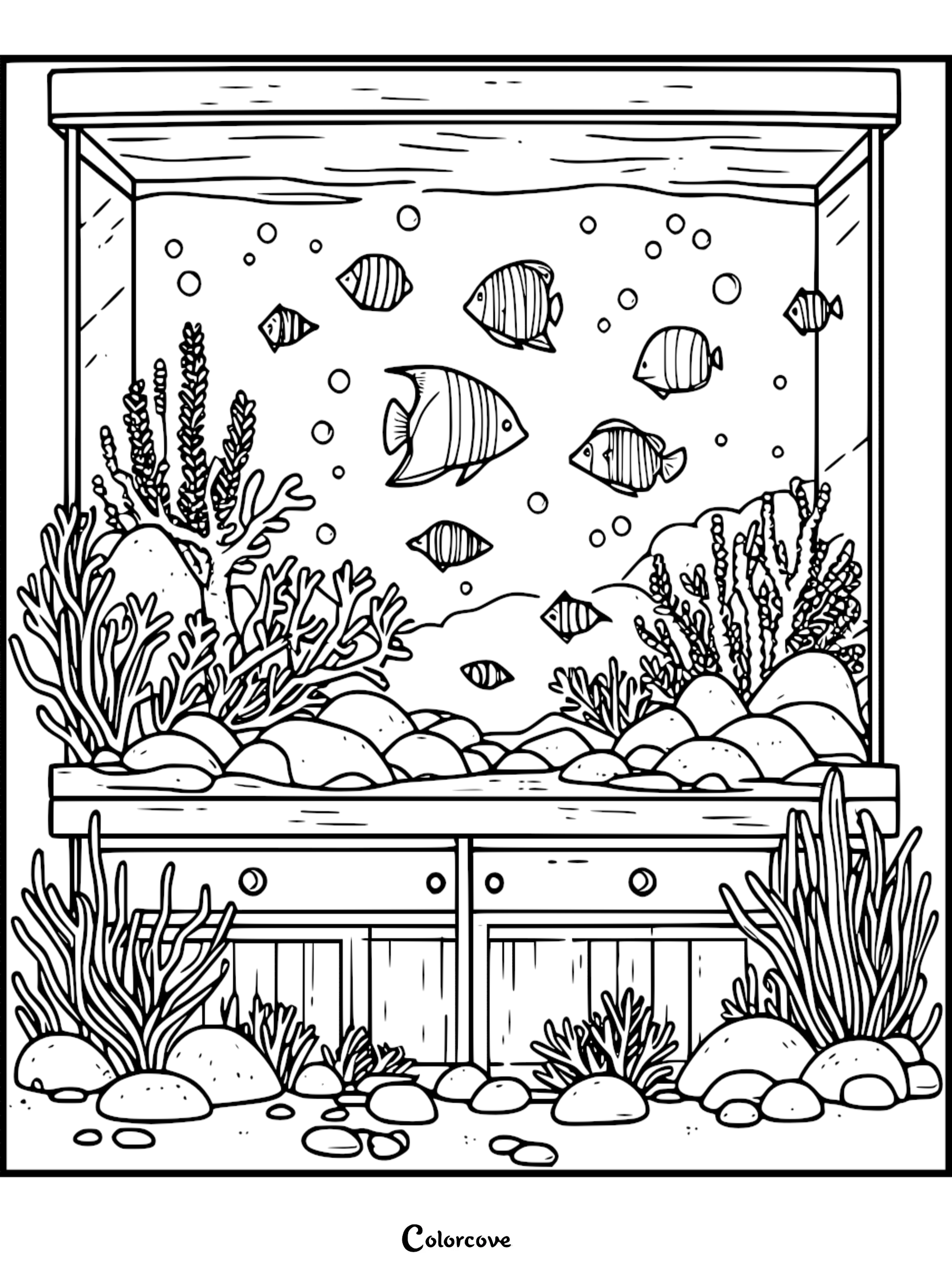 Detailed aquarium coloring page featuring multiple striped tropical fish swimming among coral reefs, sea plants, and rocks inside a large glass tank.