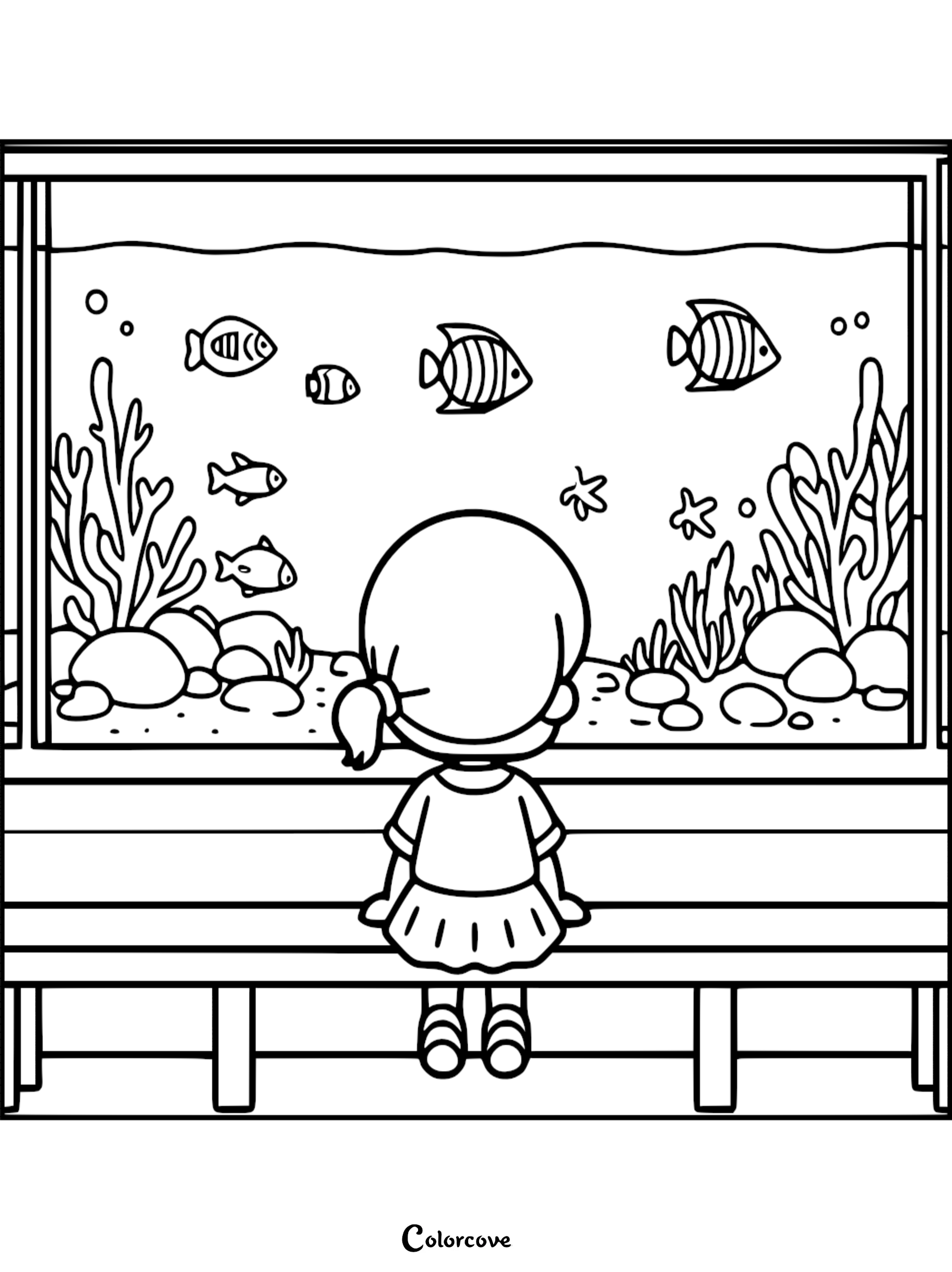 A little girl with a ponytail sitting on a bench watching various tropical fish, coral, and rocks in a large aquarium glass tank coloring page.