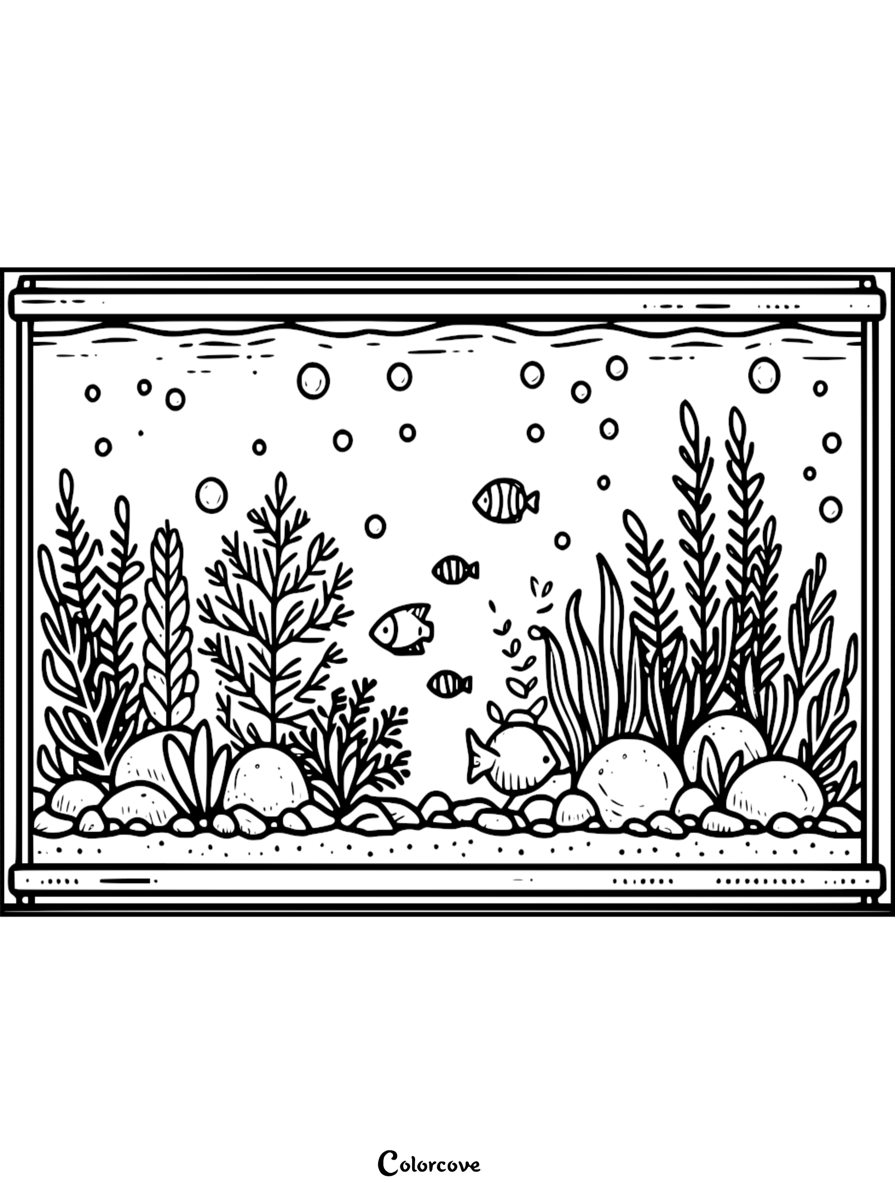 A detailed aquarium coloring page featuring multiple small fish swimming among dense seaweed, rocks, and rising air bubbles.