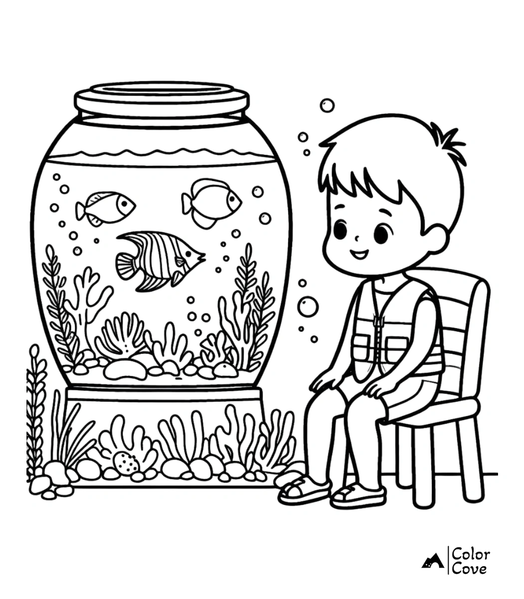 A young boy wearing a life vest sits on a chair watching three exotic fish swimming inside a large glass bowl aquarium in this free coloring page.