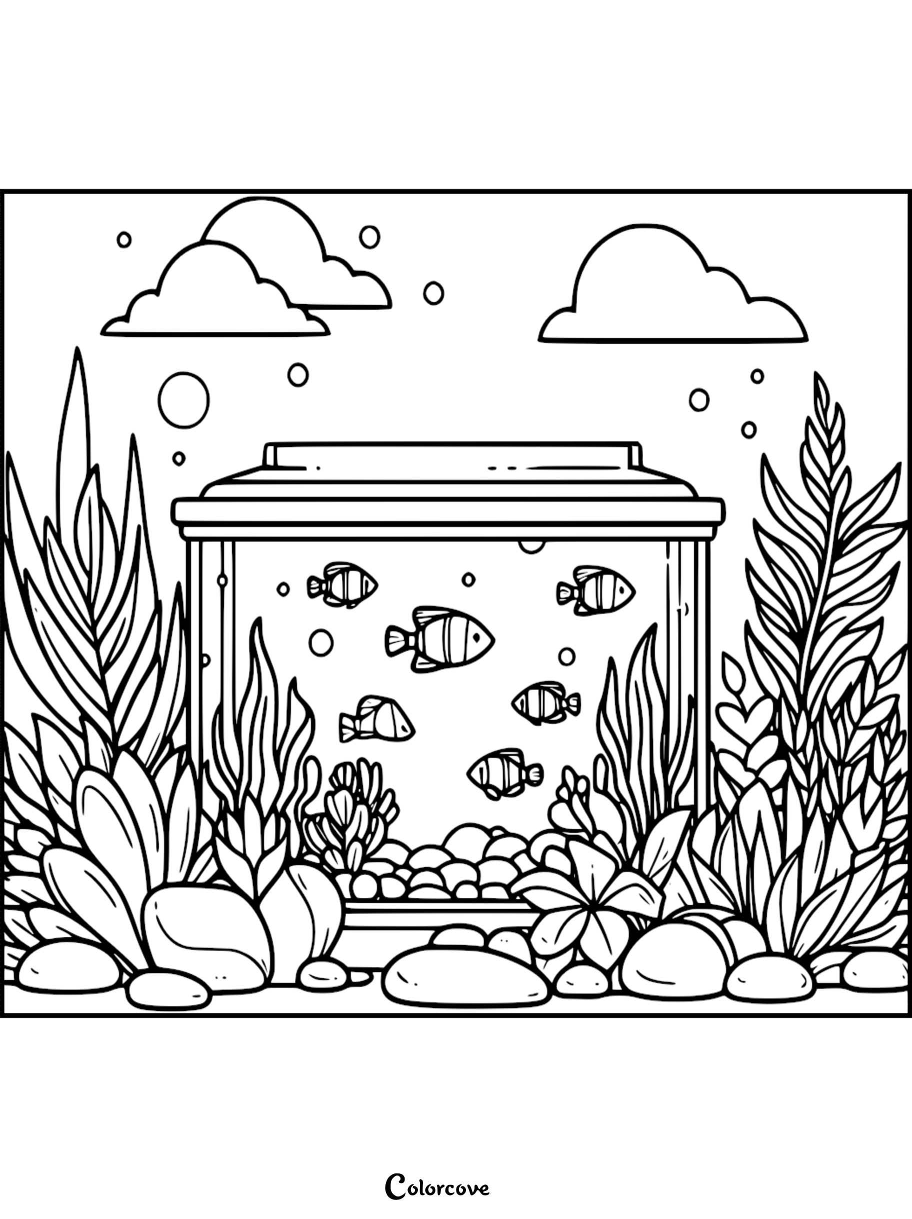 A detailed coloring page featuring a glass fish tank filled with small striped tropical fish surrounded by lush aquatic plants and round river stones.