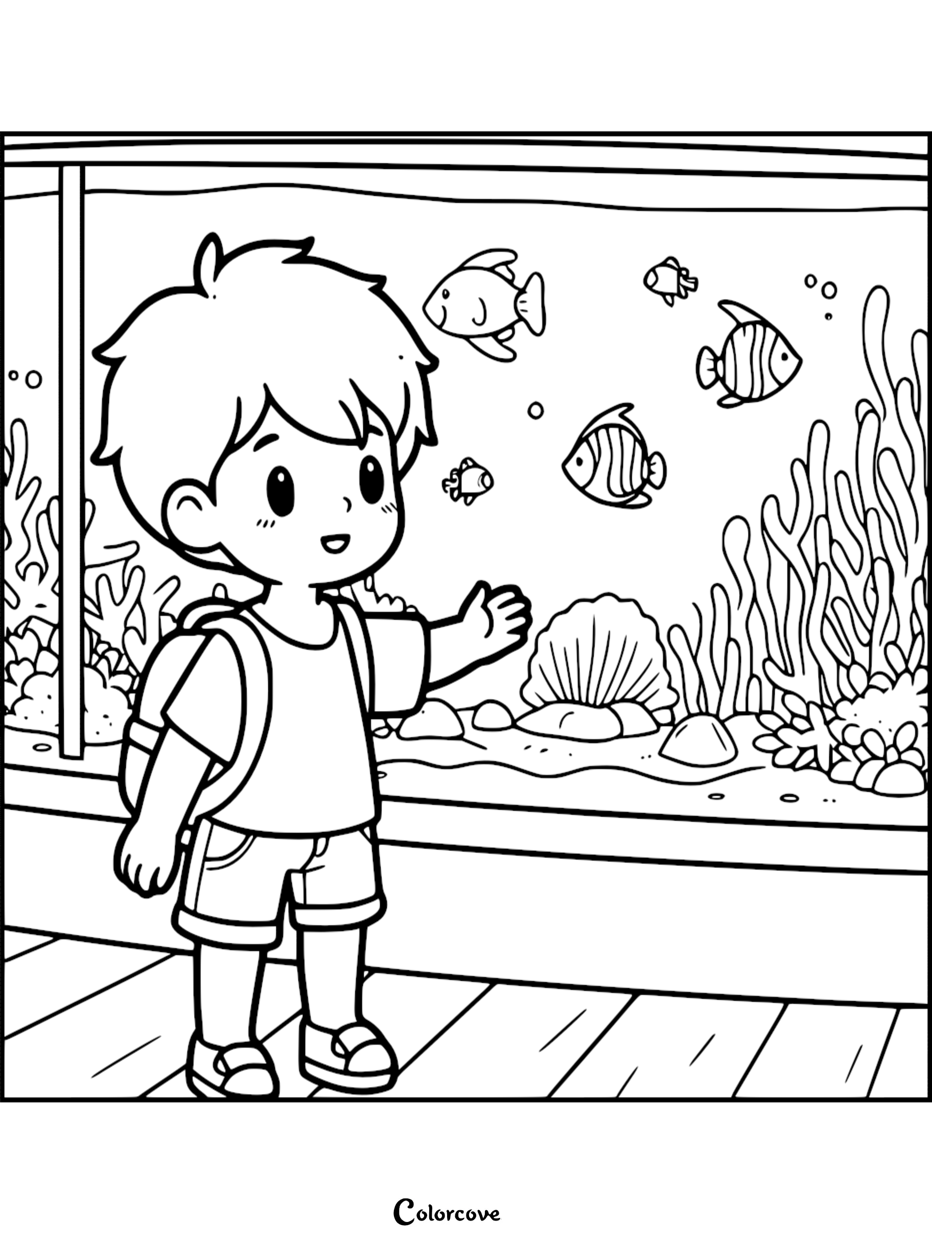 A line art coloring page showing a young boy with a backpack waving at diverse tropical fish inside a large aquarium tank with coral and seaweed decorations.