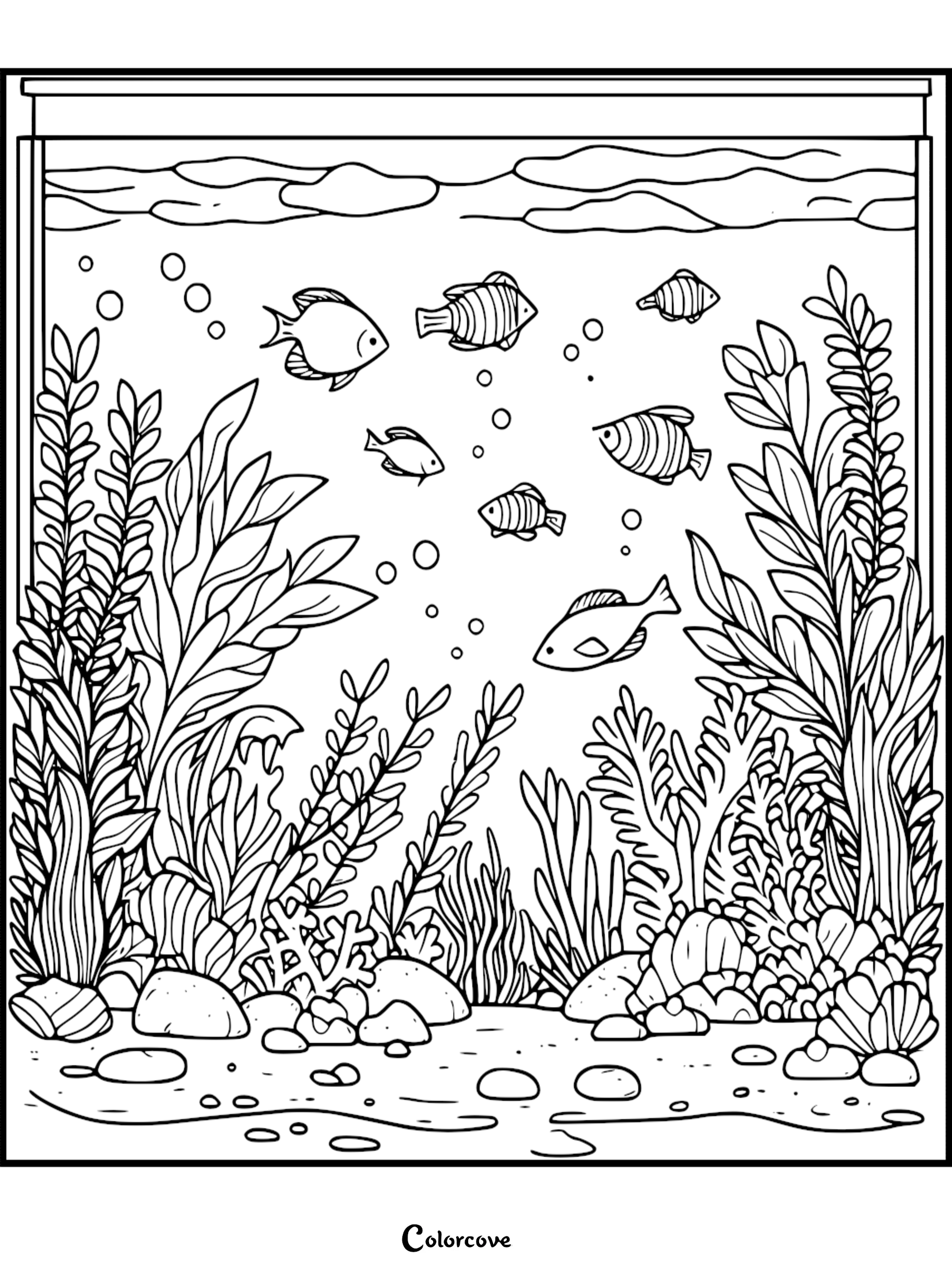 A detailed coloring page of an aquarium featuring six diverse tropical fish swimming amongst dense seaweed, aquatic plants, and pebble-strewn riverbed substrate.
