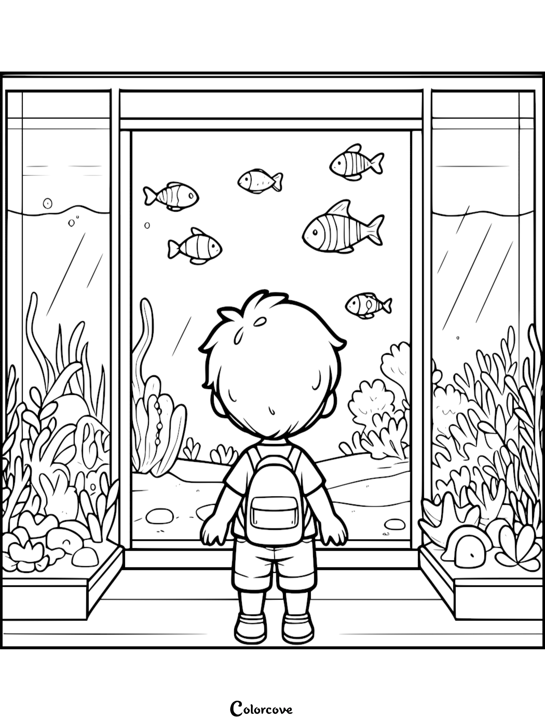 A boy wearing a backpack stands and observes multiple tropical fish swimming in a large glass aquarium in this detailed line art coloring page.