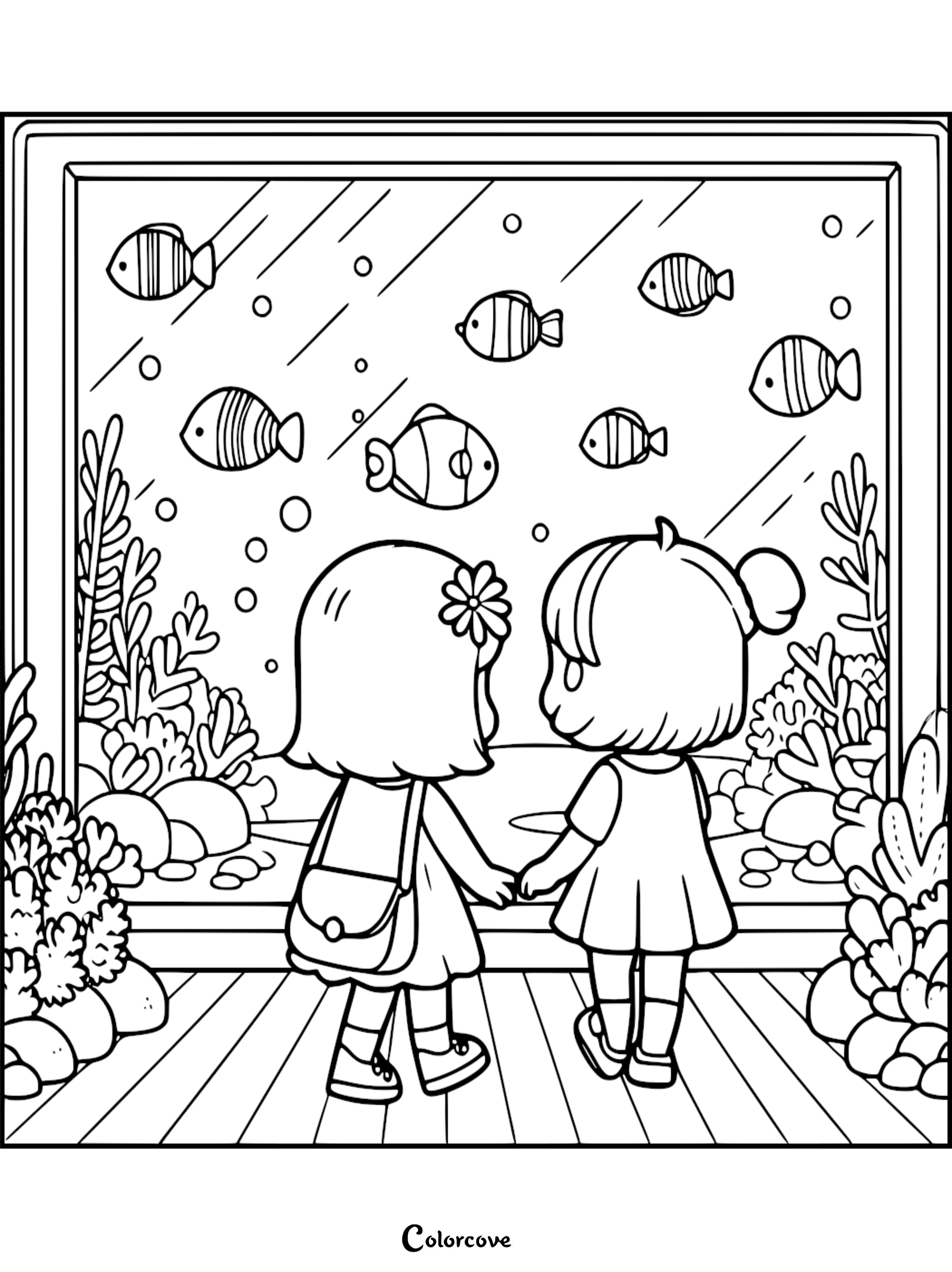 Two little girls holding hands and looking at various tropical fish in a large aquarium tank, black and white coloring page line art.