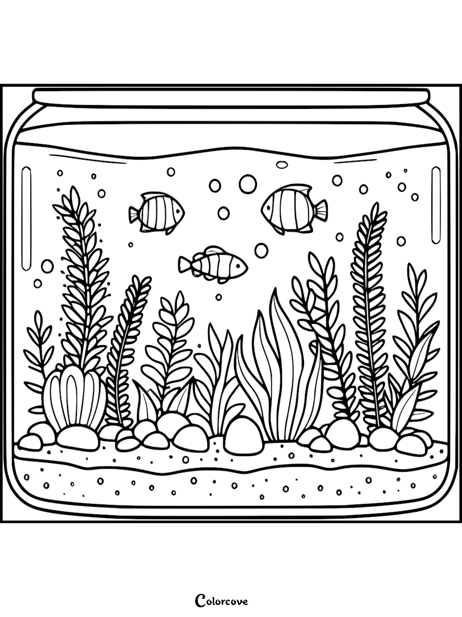 A free aquarium coloring page featuring three striped tropical fish swimming among seaweed and river stones in a bowl.