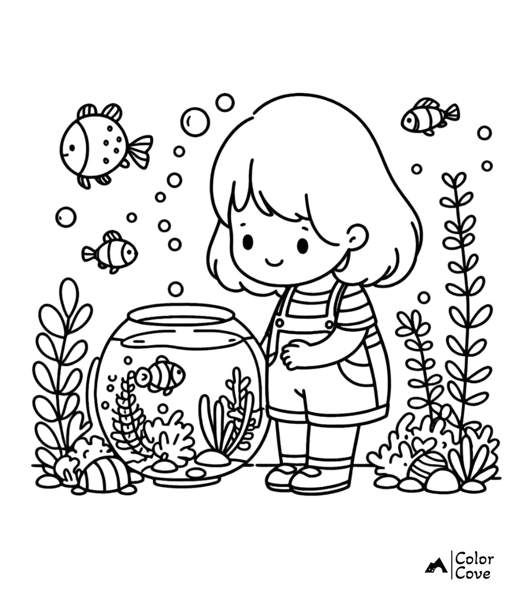 A cute girl in overalls observing a fishbowl, surrounded by underwater plants and floating fish in this aquarium-themed coloring page.