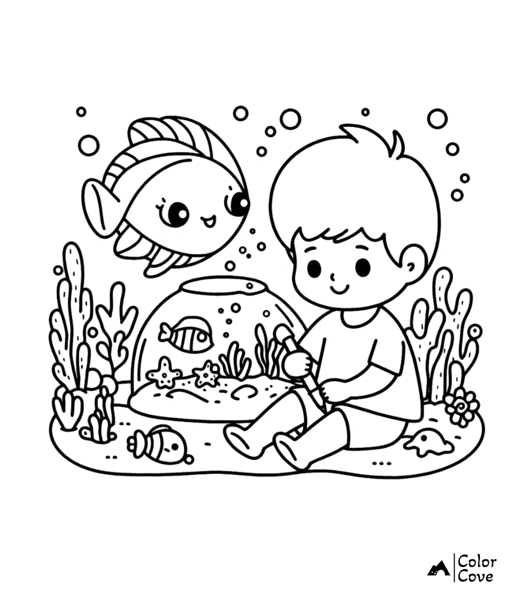 A cute boy sitting beside a fish bowl with coral and tropical fish in this free aquarium coloring page