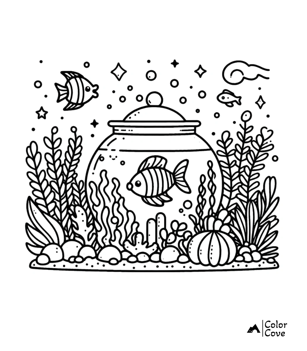 A whimsical line art coloring page of a fishbowl containing a striped fish, surrounded by underwater plants, small fish, bubbles, and floating stars.