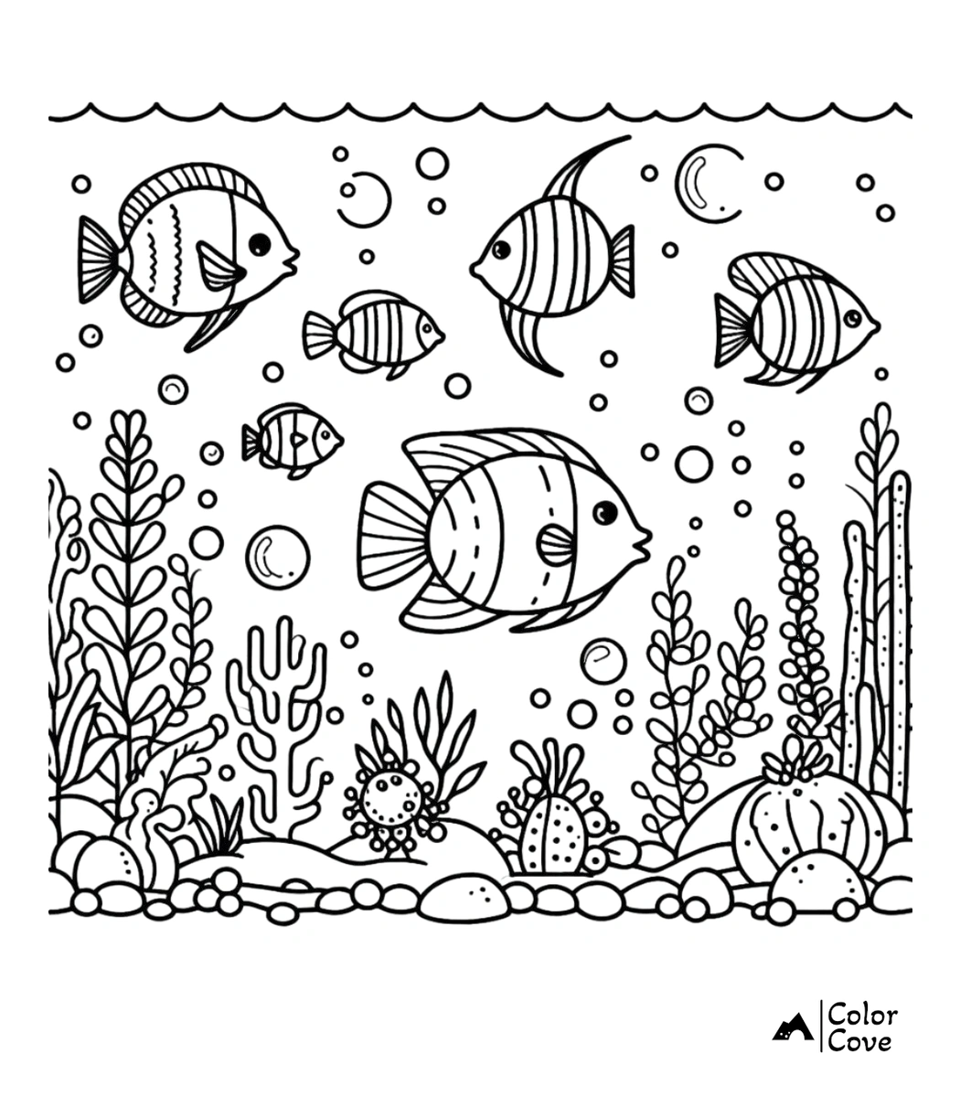 A detailed aquarium coloring page featuring tropical fish swimming among seaweed, coral, and air bubbles.