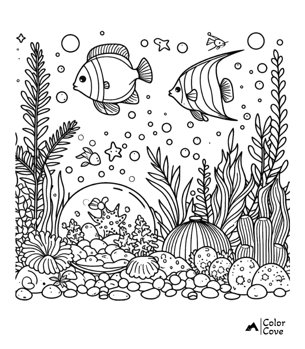 A detailed aquarium coloring page featuring two tropical fish, a starfish in a glass bowl, sea plants, and coral reef rocks.