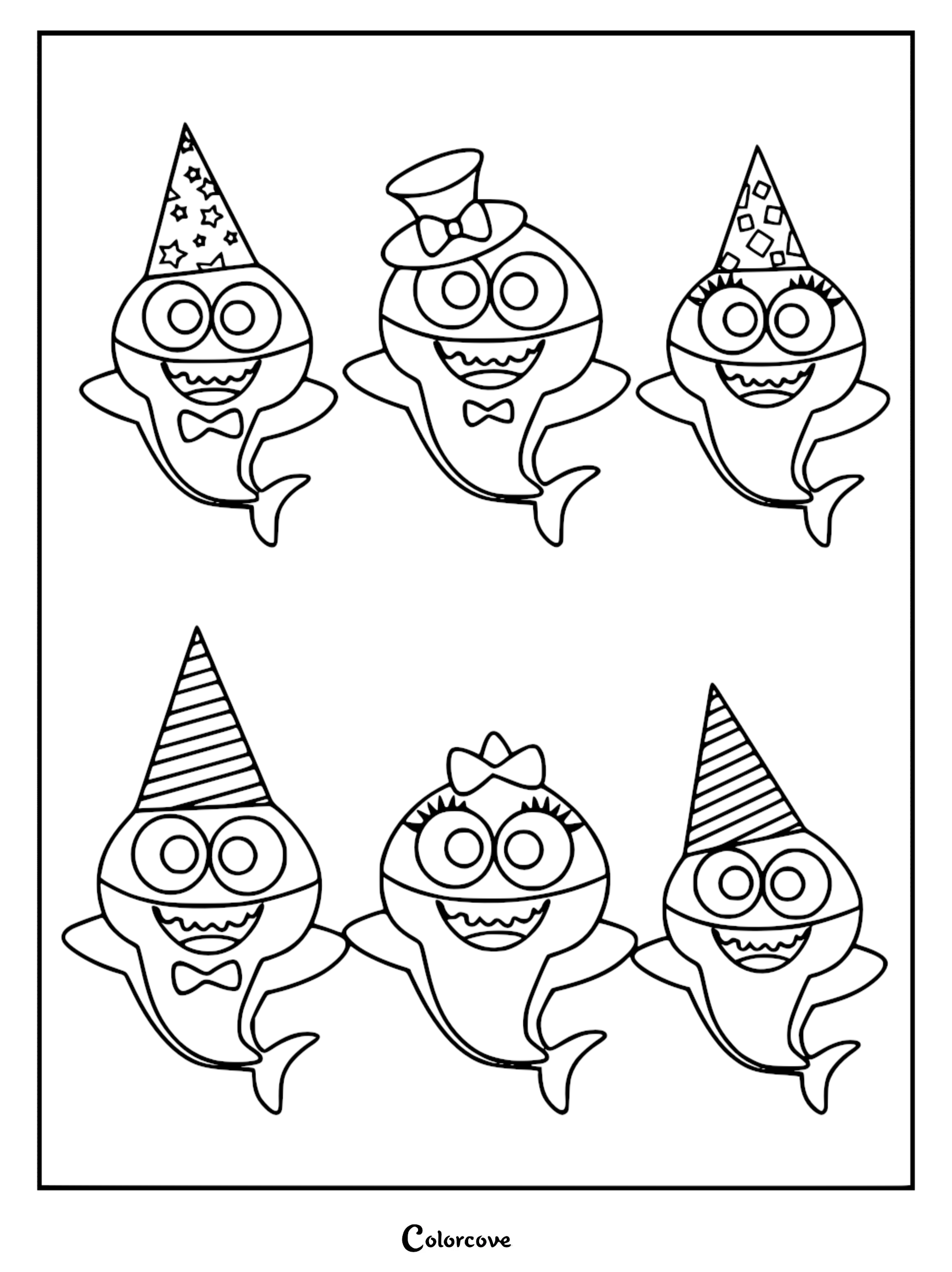 A printable coloring page featuring Baby Shark, Mommy Shark, and Daddy Shark wearing party hats and bow ties.