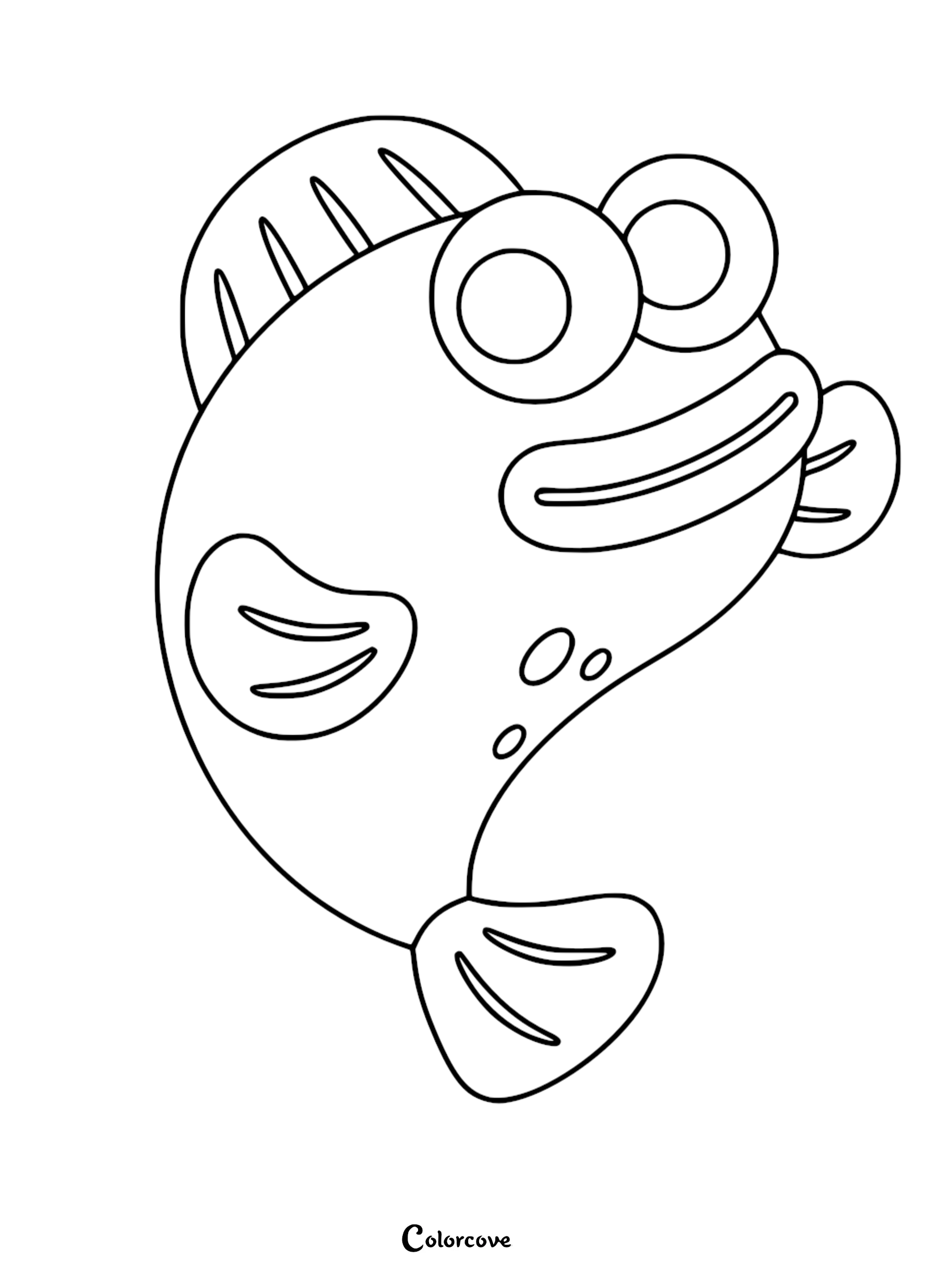 William the fish with a teardrop-shaped body, large circular eyes, and a prominent triangular dorsal fin on a printable coloring page.