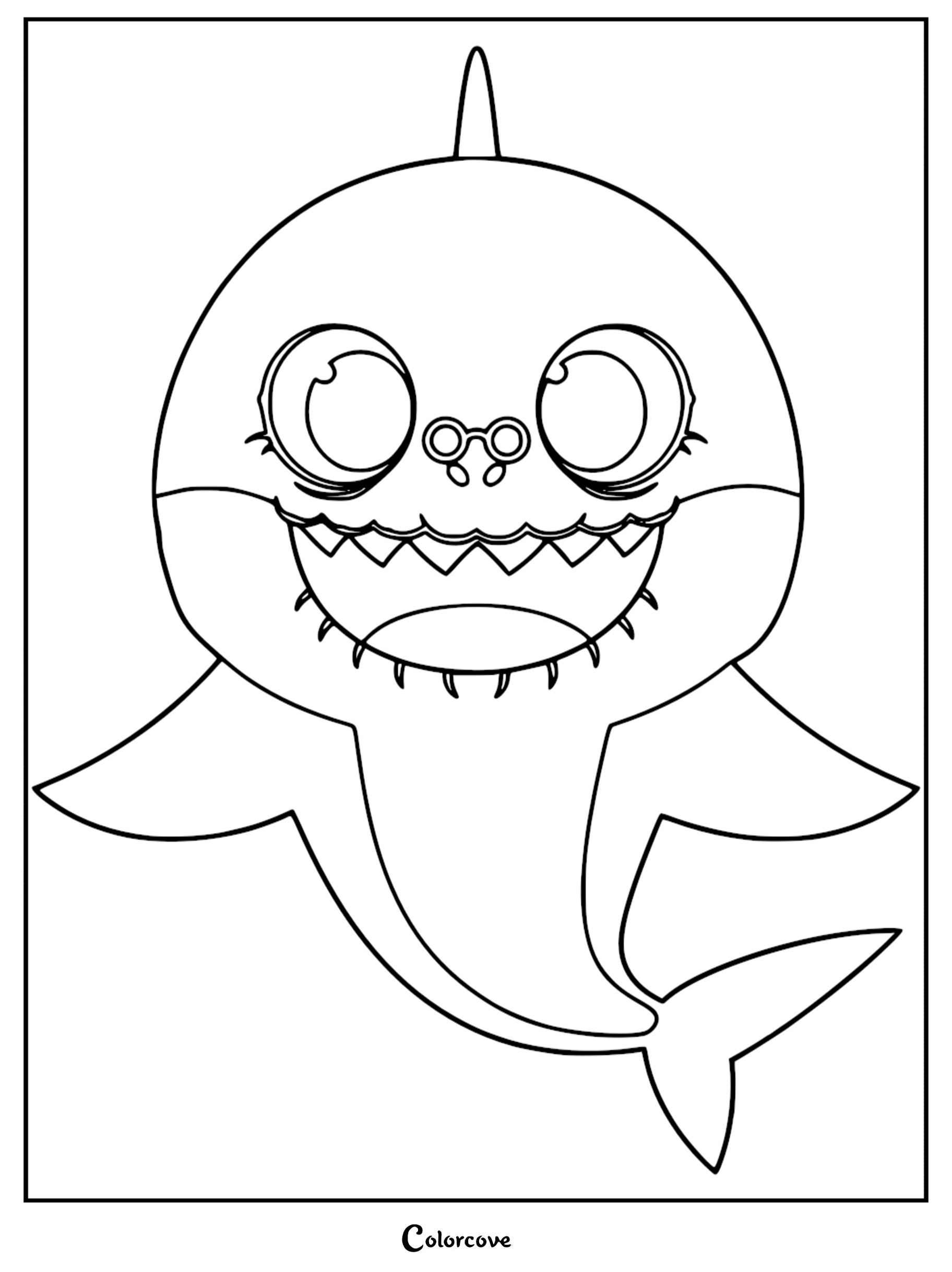 Grandma Shark wearing round eyeglasses in a simple line art coloring page style.