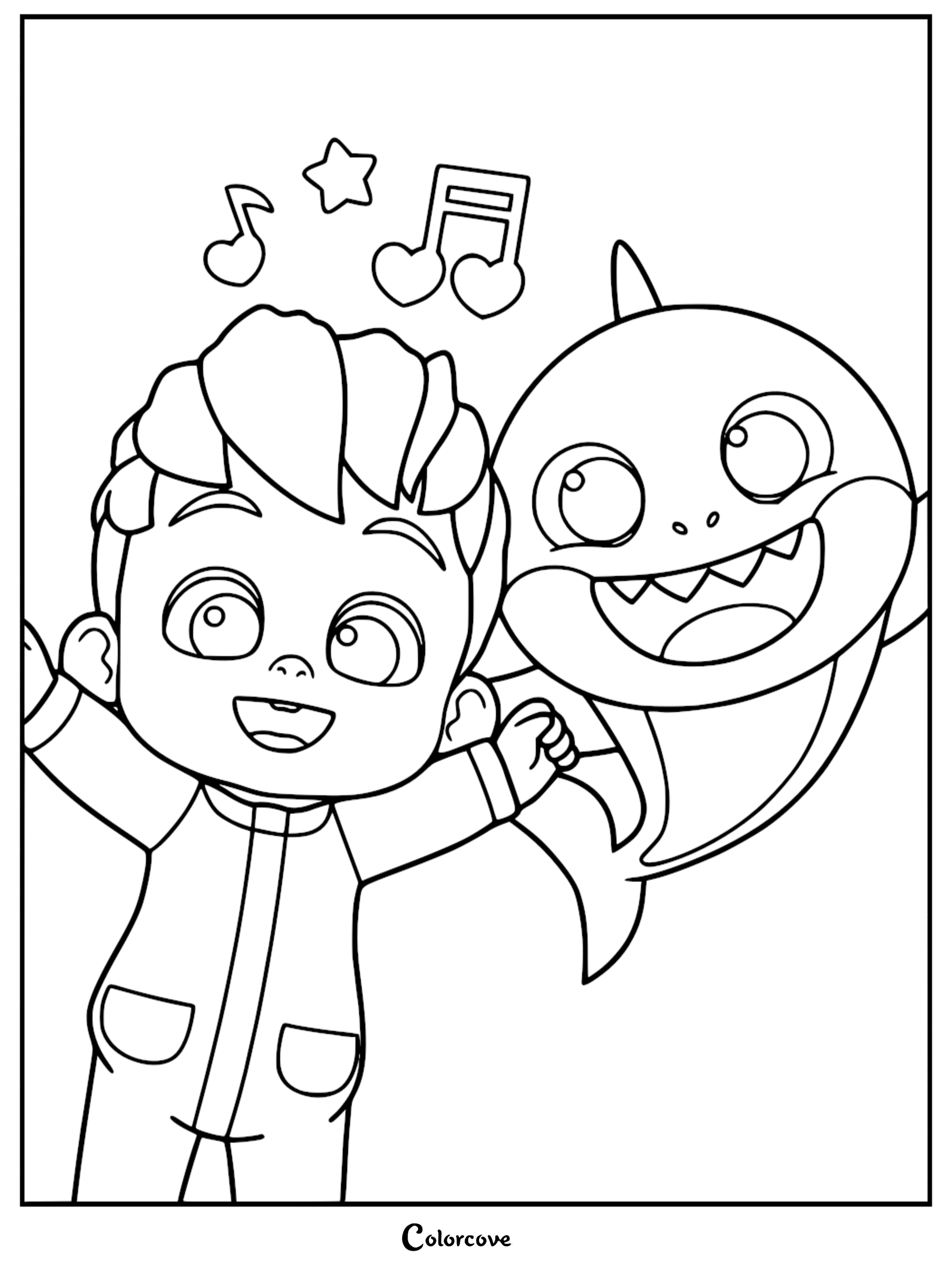 Baby Shark and a young boy character singing together, featured in a printable coloring page with musical notes and stars above them.