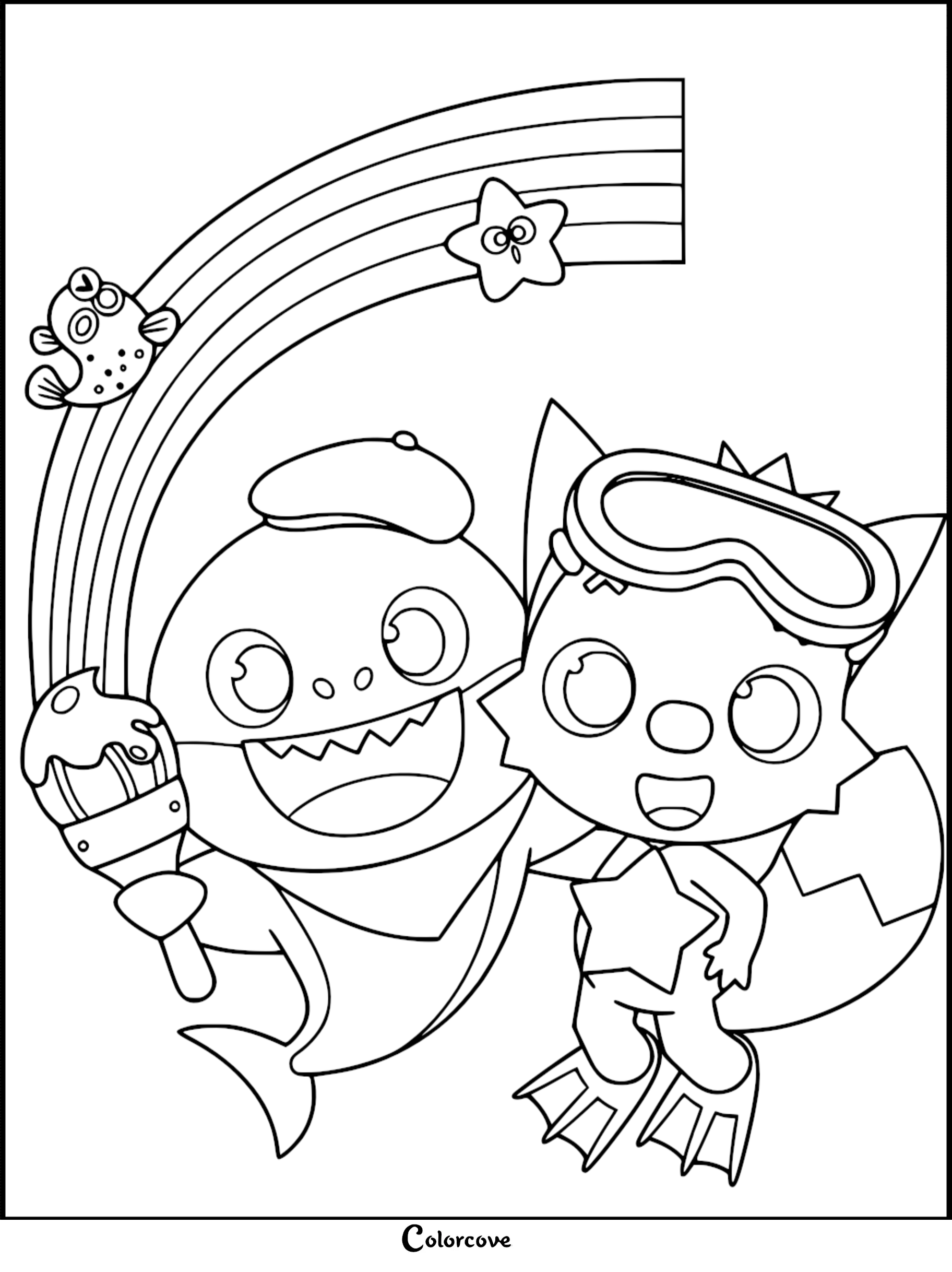 Baby Shark wearing a beret and holding a paintbrush standing next to Pinkfong wearing goggles under a rainbow, printable coloring page.