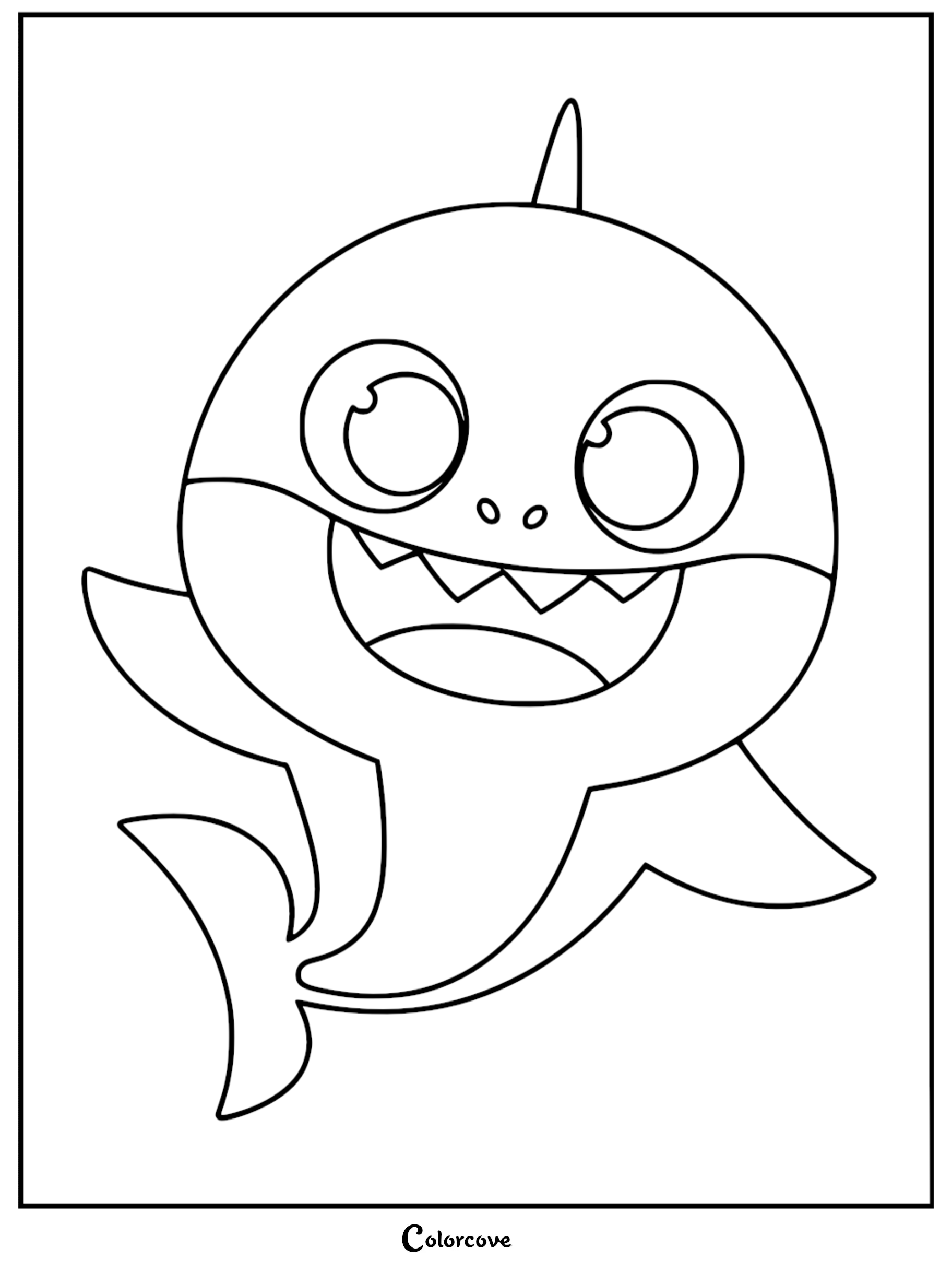 A simple Baby Shark coloring page featuring the small shark with a round body, large circular eyes, and a happy, open-mouthed smile.